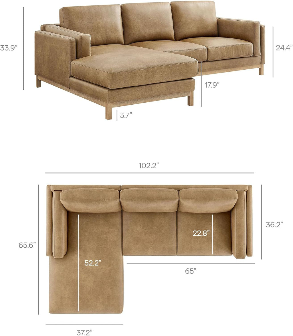 Modway Roscoe Left-Facing Sectional Sofa with Chaise in Toast - 2-Piece Faux Leather Upholstered Deep Seat Couch, L Shaped Modular for Living Room or Lounge