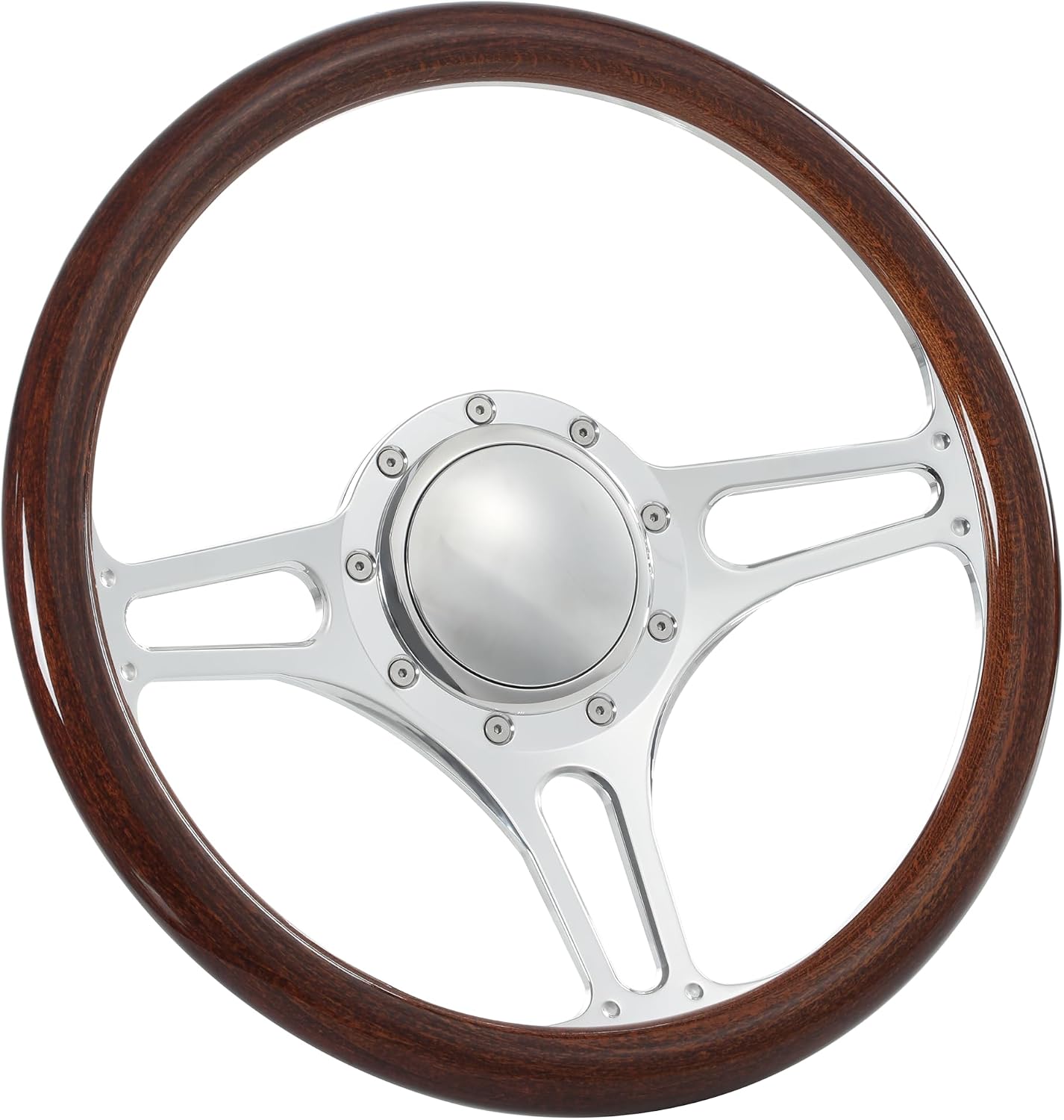 14'' Billet Half Wrap 9 Bolts Steering Wheel with 2'' Dish and Horn Button (Walnut Wood)