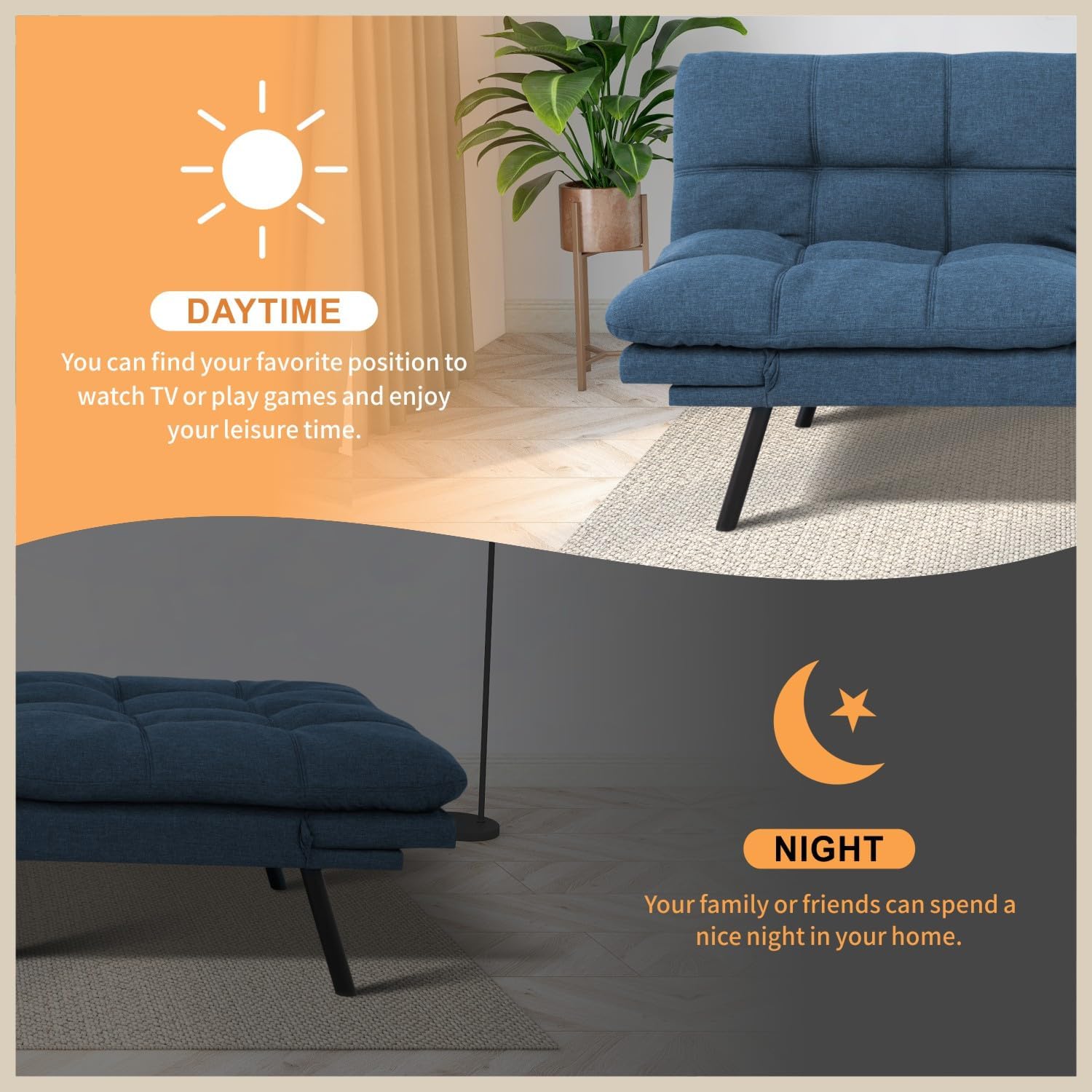 MUUEGM 71' Futon Sofa Bed, Cozy Convertible Loveseat Sleeper, Linen Fabric Couch with Adjustable Back & Arms for Living Room, Guest Room - Navy