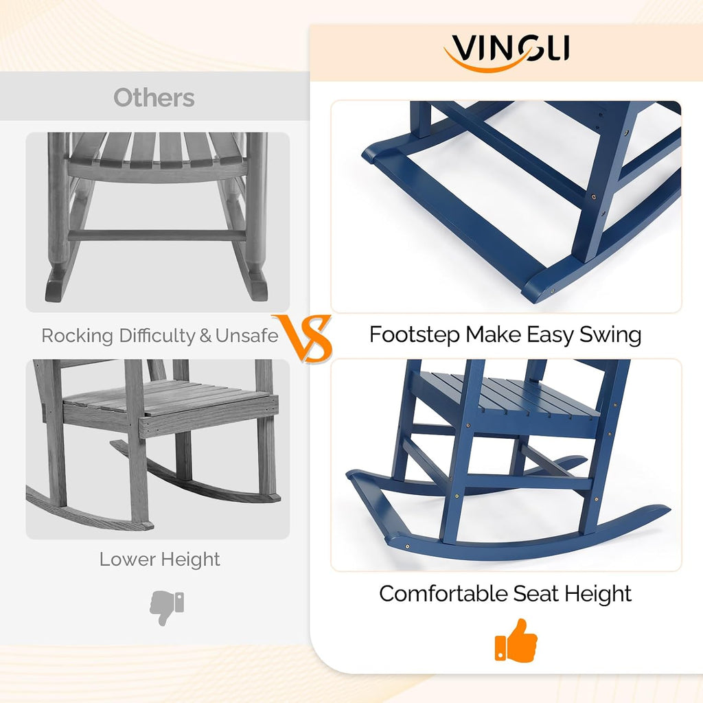 VINGLI Outdoor Rocking Chair with Footrest, Wooden Rocking Chair with 450 LBS Weight Capacity, Patio Rocker with Comfortable Backrest for Garden, Yard (Navy Blue, 2PCS)