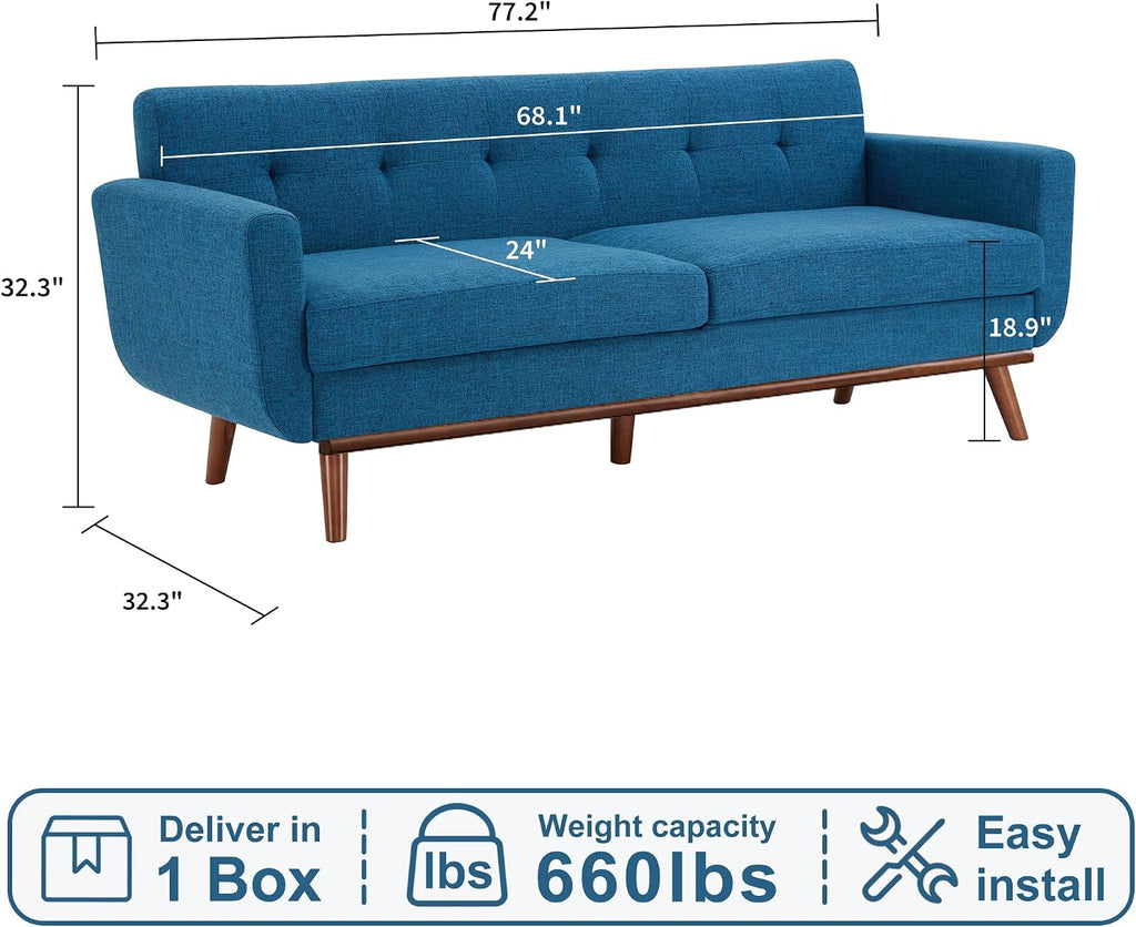 Kingfun 77.2' W Loveseat Sofa, Mid Century Modern Decor Love Seat Couches for Living Room, Button Tufted Upholstered Furniture, Solid & Easy to Install Small Couch for Bedroom Office Apartment, Blue