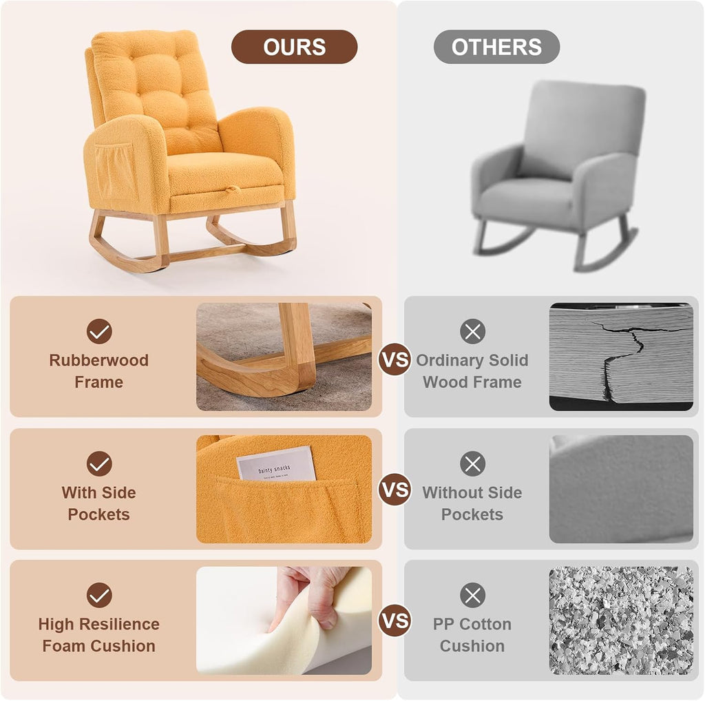 Nursery Rocking Chair,Rubber Wood Base Glider Rocking Chair with Adjustable Footrest and Side Pocket,Teddy Fleece Glider Rocker for Living Room, Bedroom (Teddy Fleece, Yellow)