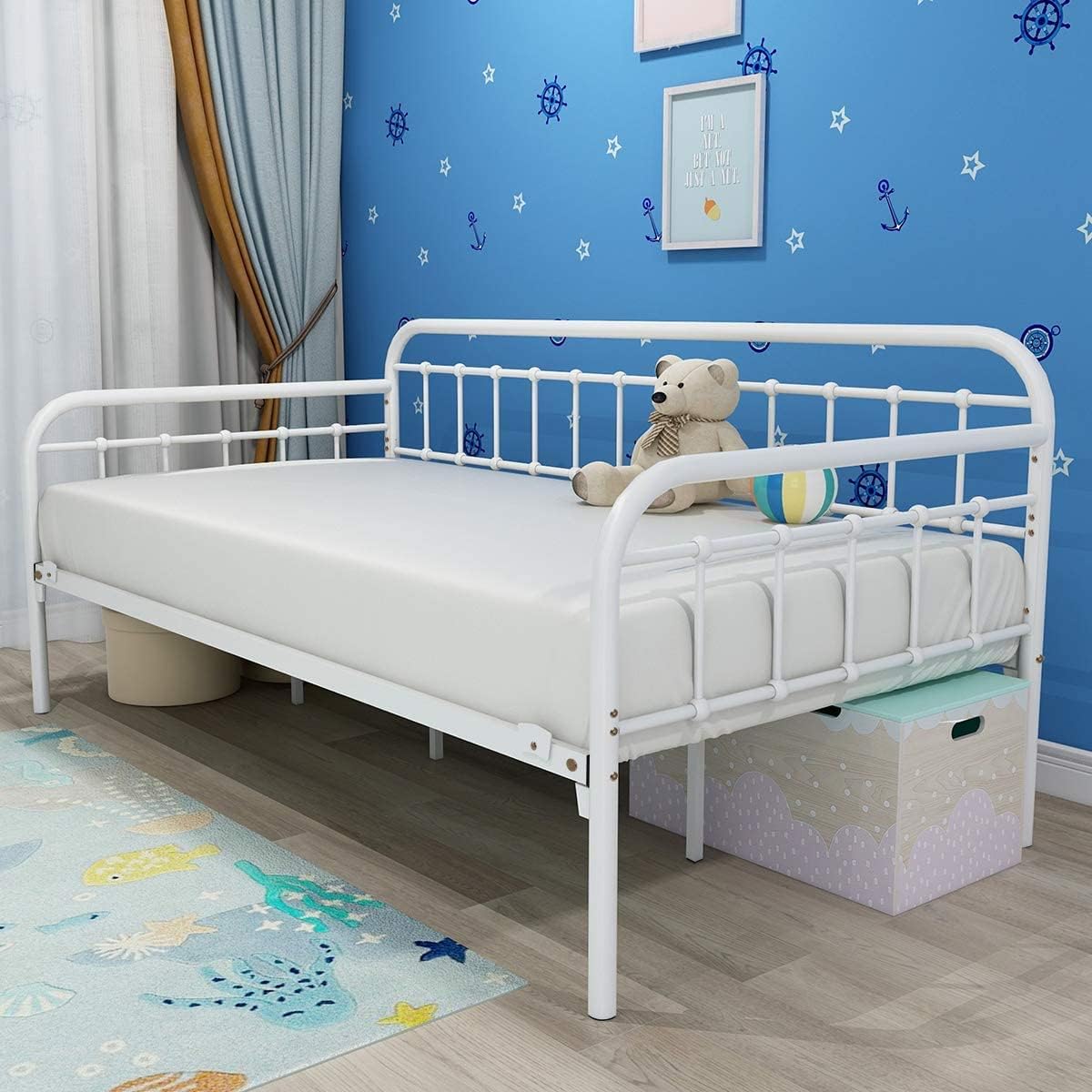 HOMERECOMMEND Multi-Purpose Metal Daybed Frame Heavy Duty Metal Slats Sofa Bed Platform Mattress Foundation Economic Day Bed White Color Twin Size.