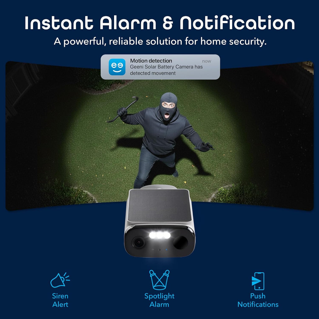 Geeni Falcon Smart Solar Battery Camera 2K+ – Outdoor Camera Wireless, Weather Resistant with Solar-Powered Battery, Motion Alerts, Color Night Vision, Two-Way Audio — 2-Pack, White