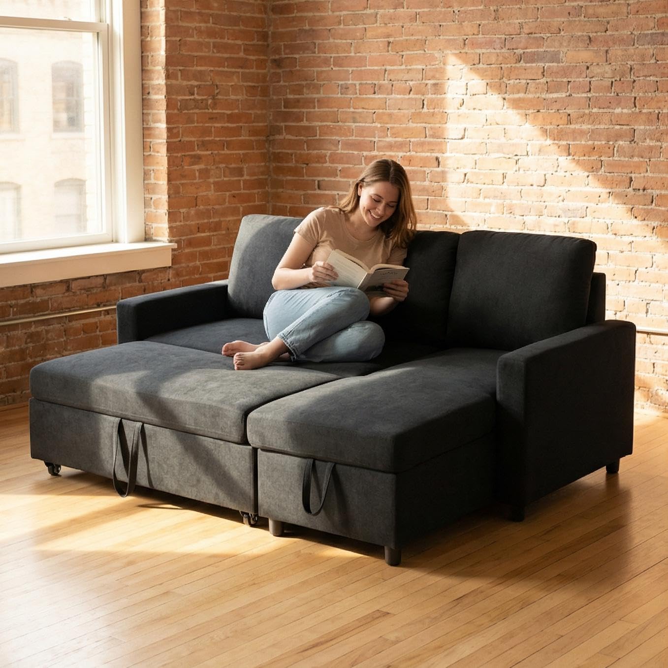 Queen Sleeper Sofa, 83 Inch Convertible Sofa Bed with Storage, Modular Sectional Couch with Pull Out Bed, L Shaped 3 Seat Sectional Sleeper Sofa for Living Room, Apartment, Black