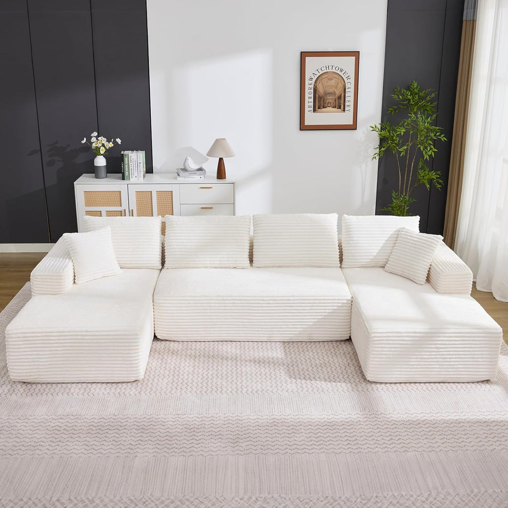Garvee Boneless Couch U Shaped Sectional 130'' Modern Modular Cloud Couch with 2 Chaise Lounge, 4-Seat Corduroy Deep Seat Sofa with Pillows for Living Room