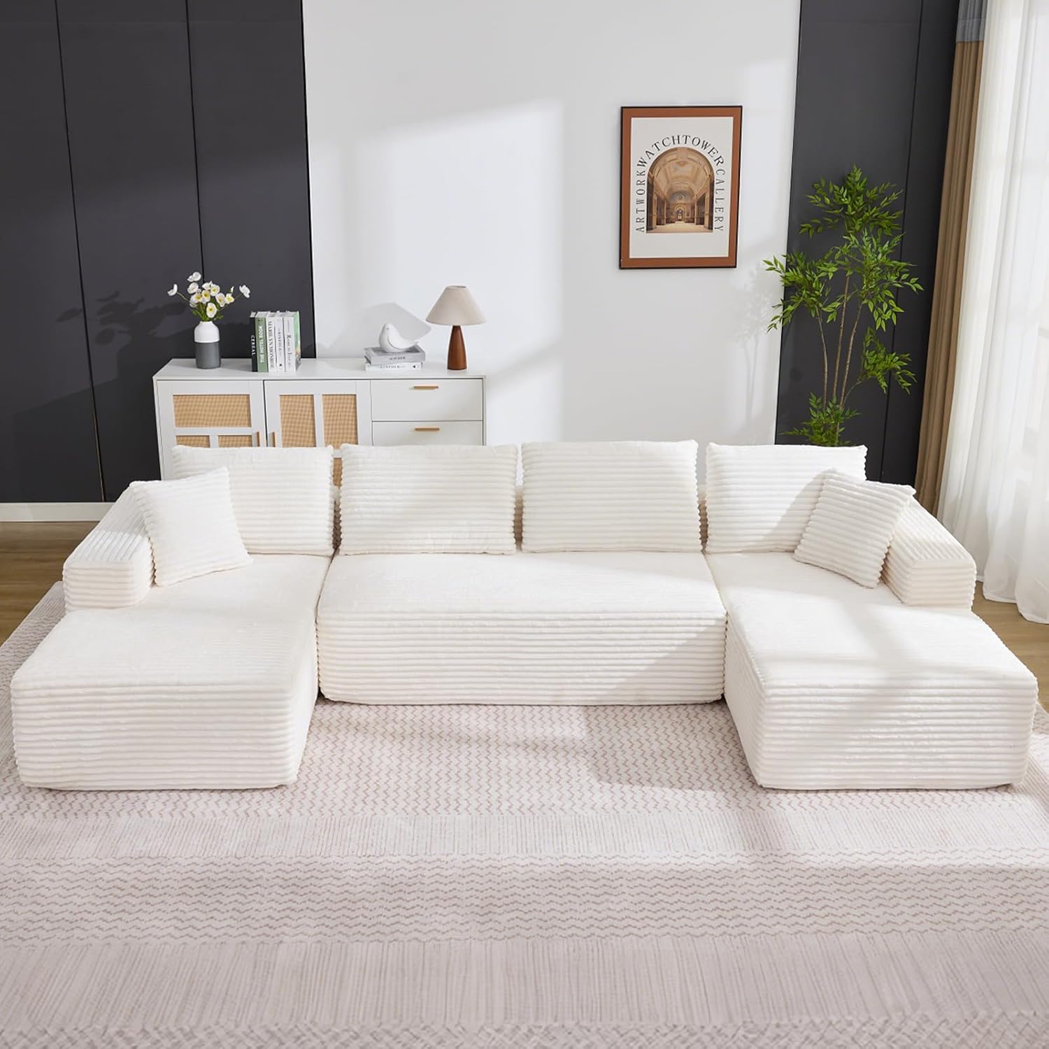 Garvee Boneless Couch U Shaped Sectional 130'' Modern Modular Cloud Couch with 2 Chaise Lounge, 4-Seat Corduroy Deep Seat Sofa with Pillows for Living Room