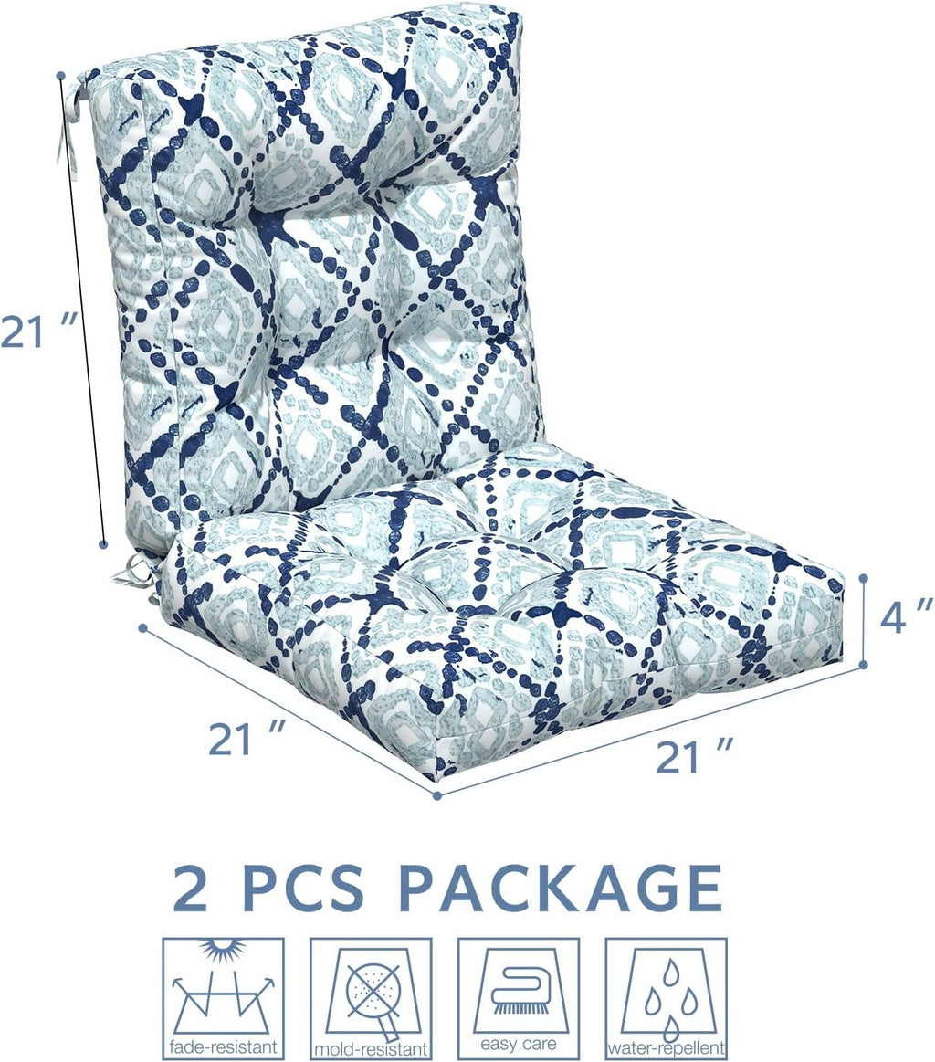 LVTXIII Outdoor Low Back Chair Cushions, Seasonal Replacement Adirondack Chair Cushion with Ties, Patio Waterproof Seat Cushions for Home Garden Use, 21 W x 21 D, Set of 2, Boho Geometry Blue