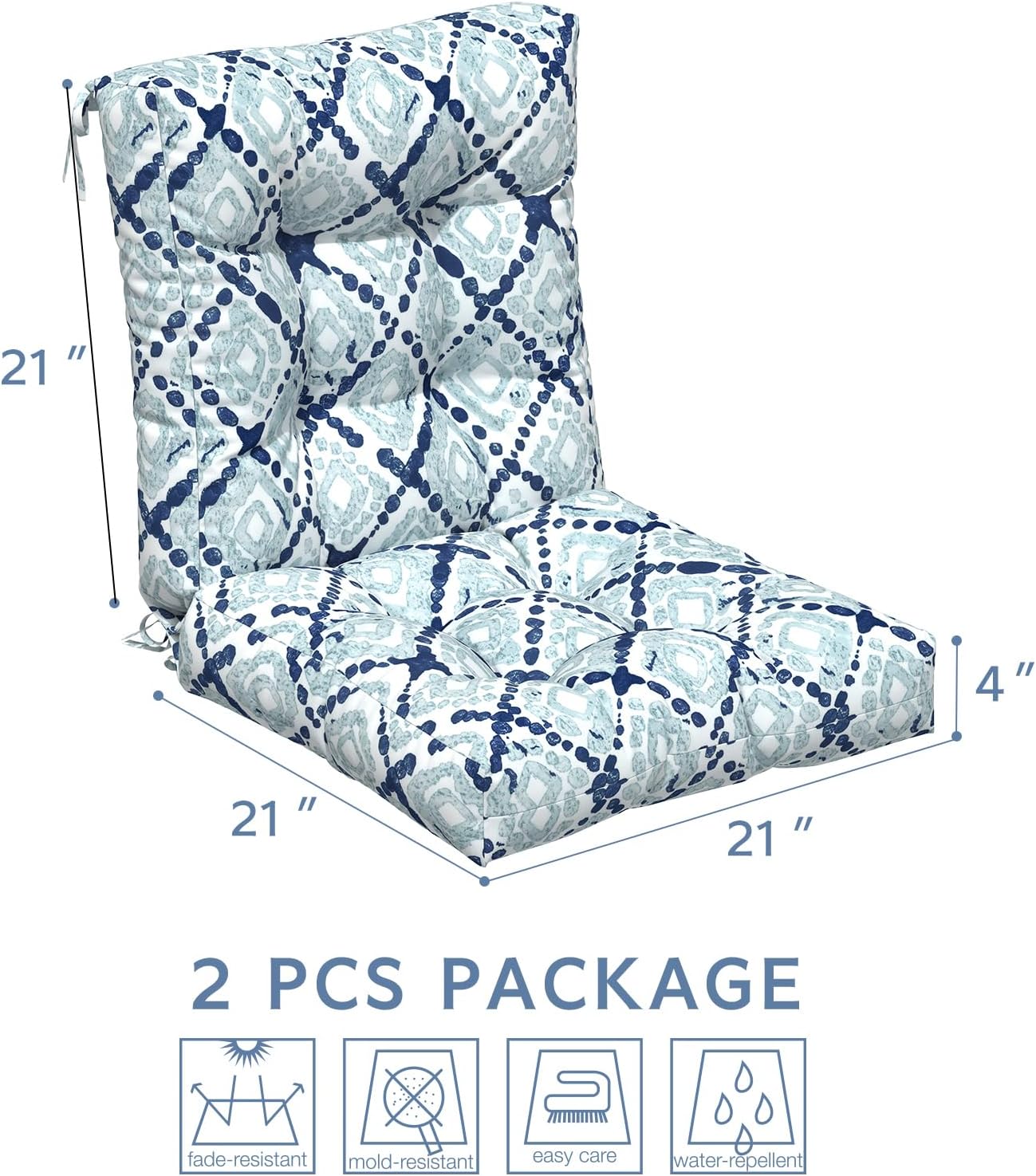 LVTXIII Outdoor Low Back Chair Cushions, Seasonal Replacement Adirondack Chair Cushion with Ties, Patio Waterproof Seat Cushions for Home Garden Use, 21 W x 21 D, Set of 2, Boho Geometry Blue
