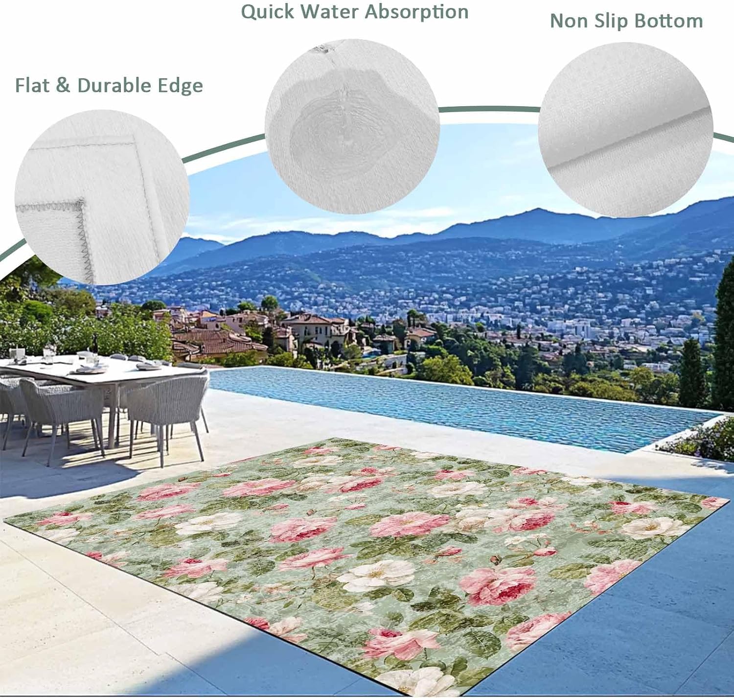 White Pink Flower Outdoor Rug for Patio/Deck/Porch, Non-Slip Large Area Rug 5 x 8 Ft, Shabby Chic Spring Vintage Leaf Green Indoor Outdoor Rugs Washable Area Rugs, Reversible Camping Rug Carpet Runner