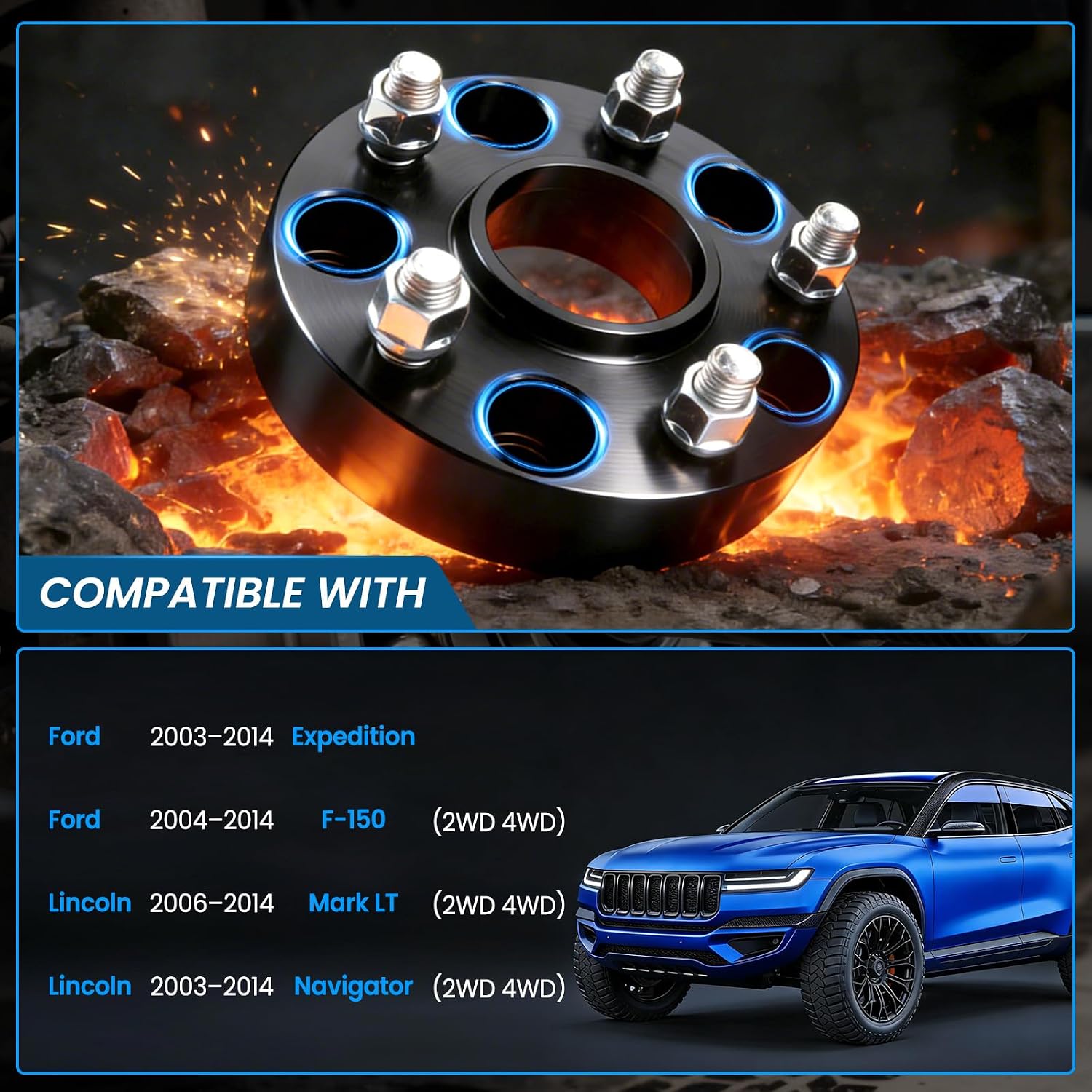 6x135 Wheel Spacers Hubcentric Real Forged Spacers Center Bore 87.1mm M14x2 Studs for 2004–2014 F-150 (2WD 4WD), 2'(50.8mm) 2003–2014 Expedition, 2003–2014 Navigator/Mark LT for 6 lug Set of 4 Black
