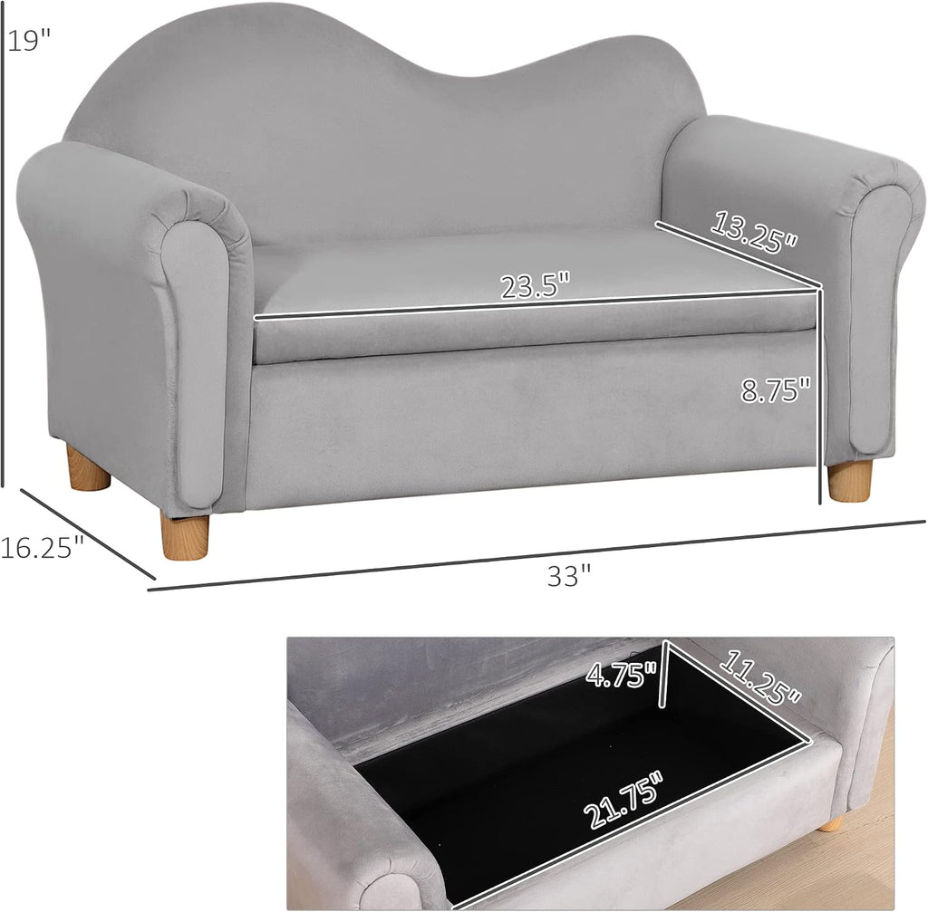 Qaba Ergonomic Foam Kids Sofa with Inner Toy Storage Chest, Velvet Kids Couch with Soft Arms, Children's Lounge Furniture, Gray