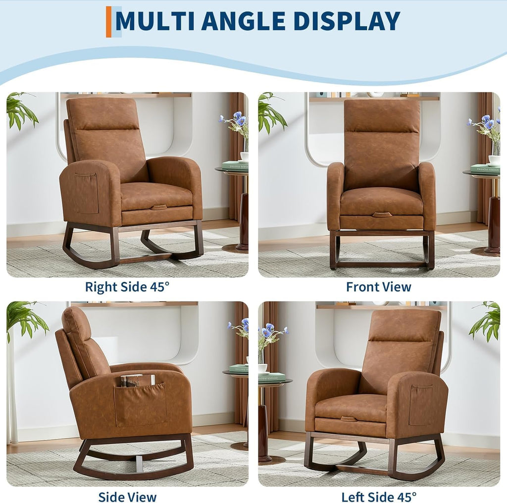 Rocking Nursery Chair for Mom Nursery,PU Rocking Chairs with Foot Rest,High Backrest& Wood Legs and Side Pocket for Living Room,Bedroom,Recliner Armchair,Brown