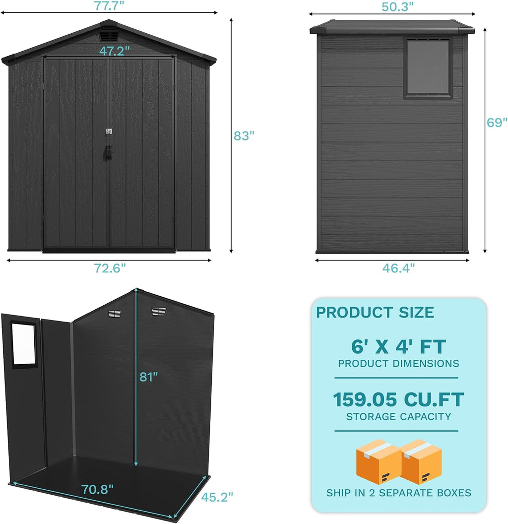 Devoko 6x4 FT Plastic Storage Shed with Floor, Dark Gray