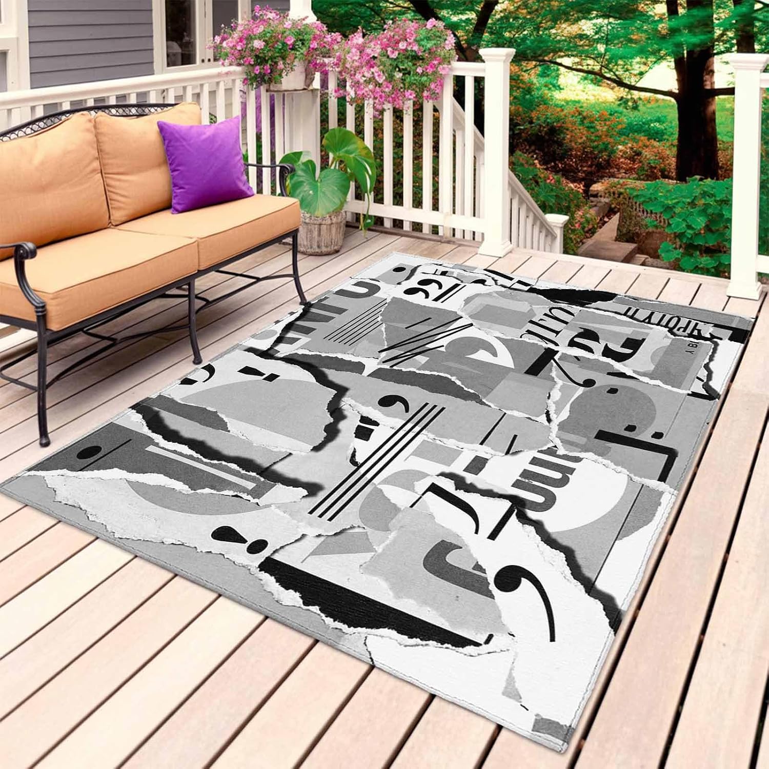 Torn Paper Outdoor Rug for Patio/Deck/Porch, Non-Slip Large Area Rug 4 x 6 Ft, Vintage Abstract Collage Newspaper Art Indoor Outdoor Rugs Washable Area Rugs, Reversible Camping Rug Carpet Runner