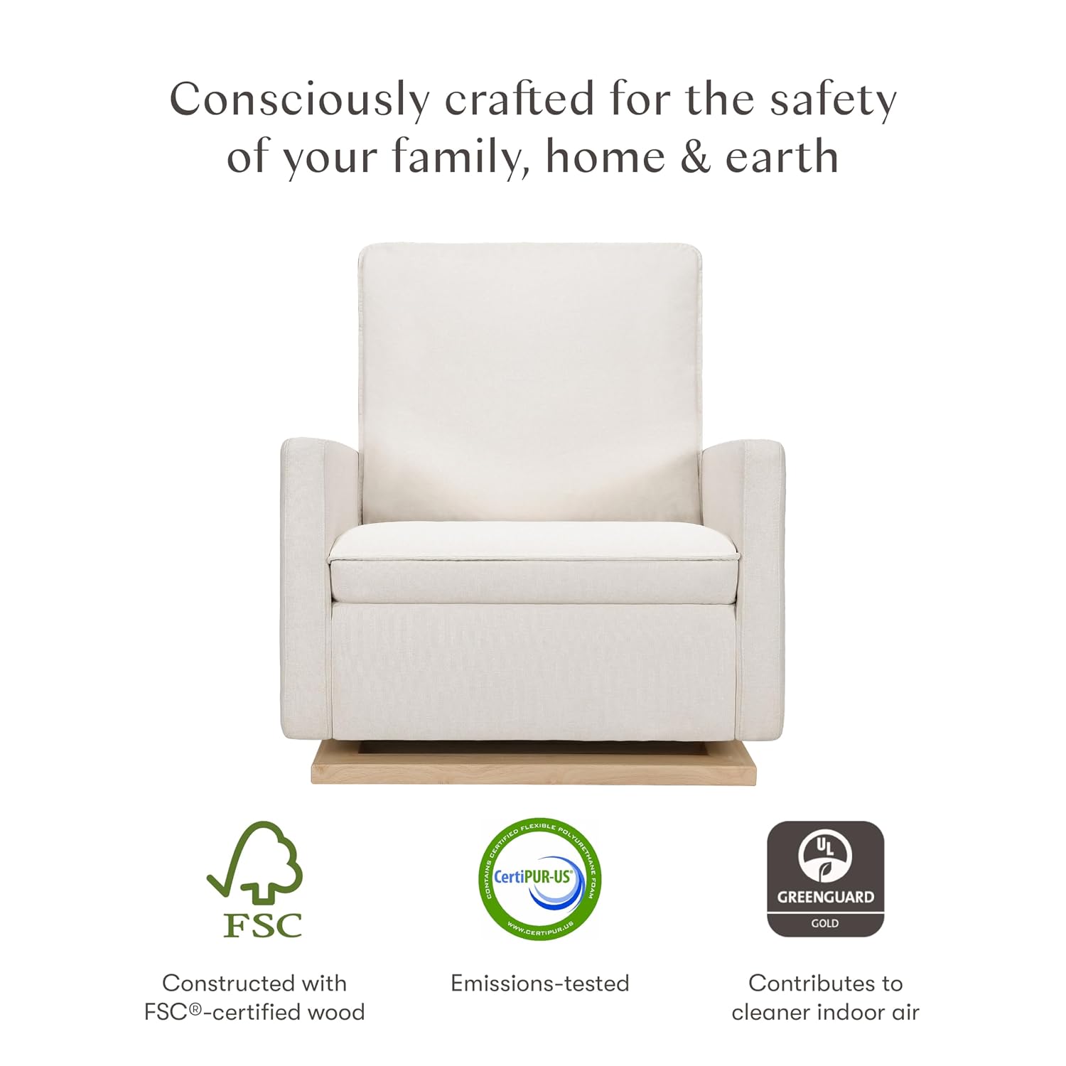 Babyletto Cali Pillowback Chair and a Half Glider in Performance Cream Eco-Weave with Light Wood Base, Water Repellent & Stain Resistant, Greenguard Gold and CertiPUR-US Certified