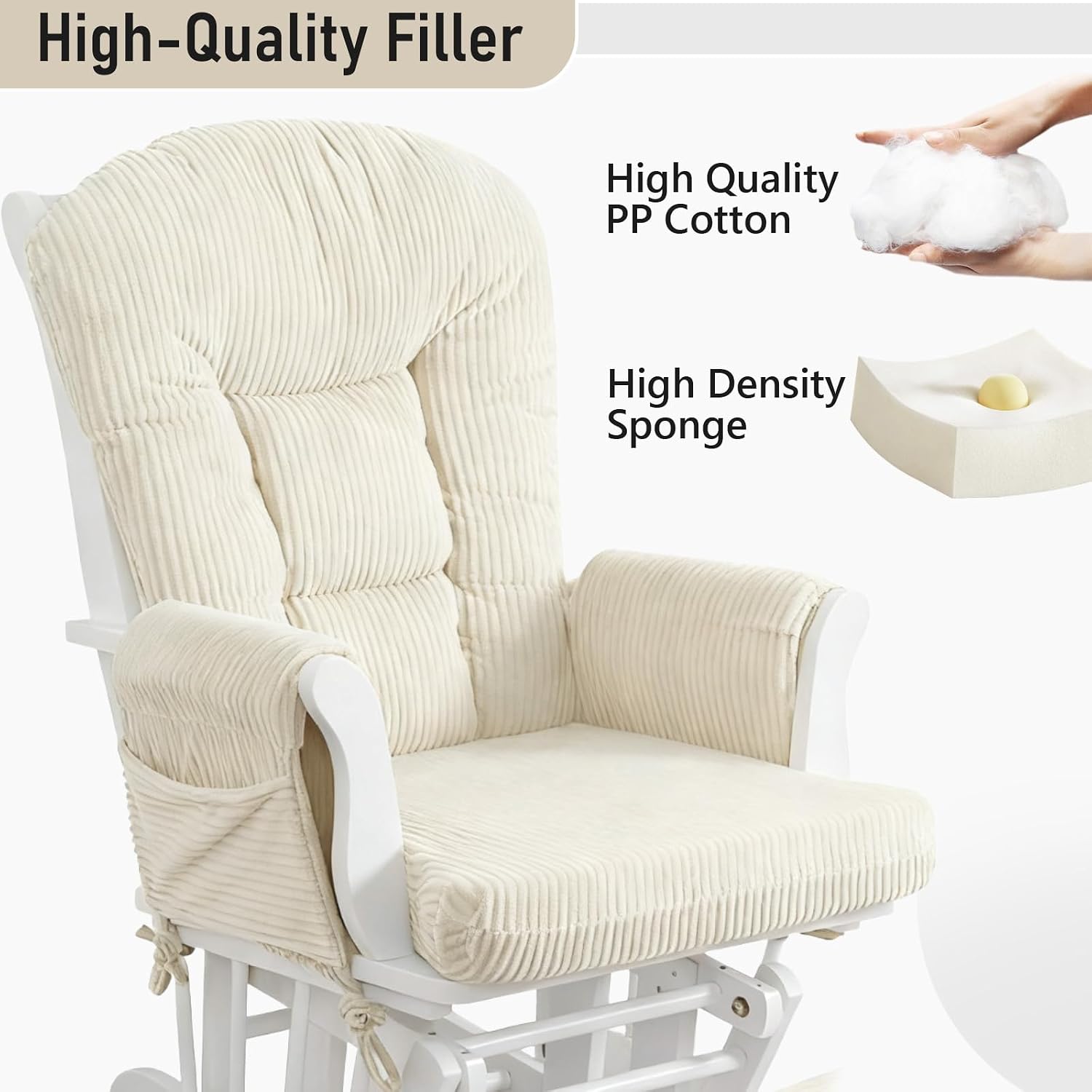 5PCS Glider Rocker Replacement Cushions with Storage Side Pockets, Thickened 3.5IN Seat & Supportive Striped Plush Rocking Chair Cushion Set with Ottoman Cover for Indoor Nursery, Beige