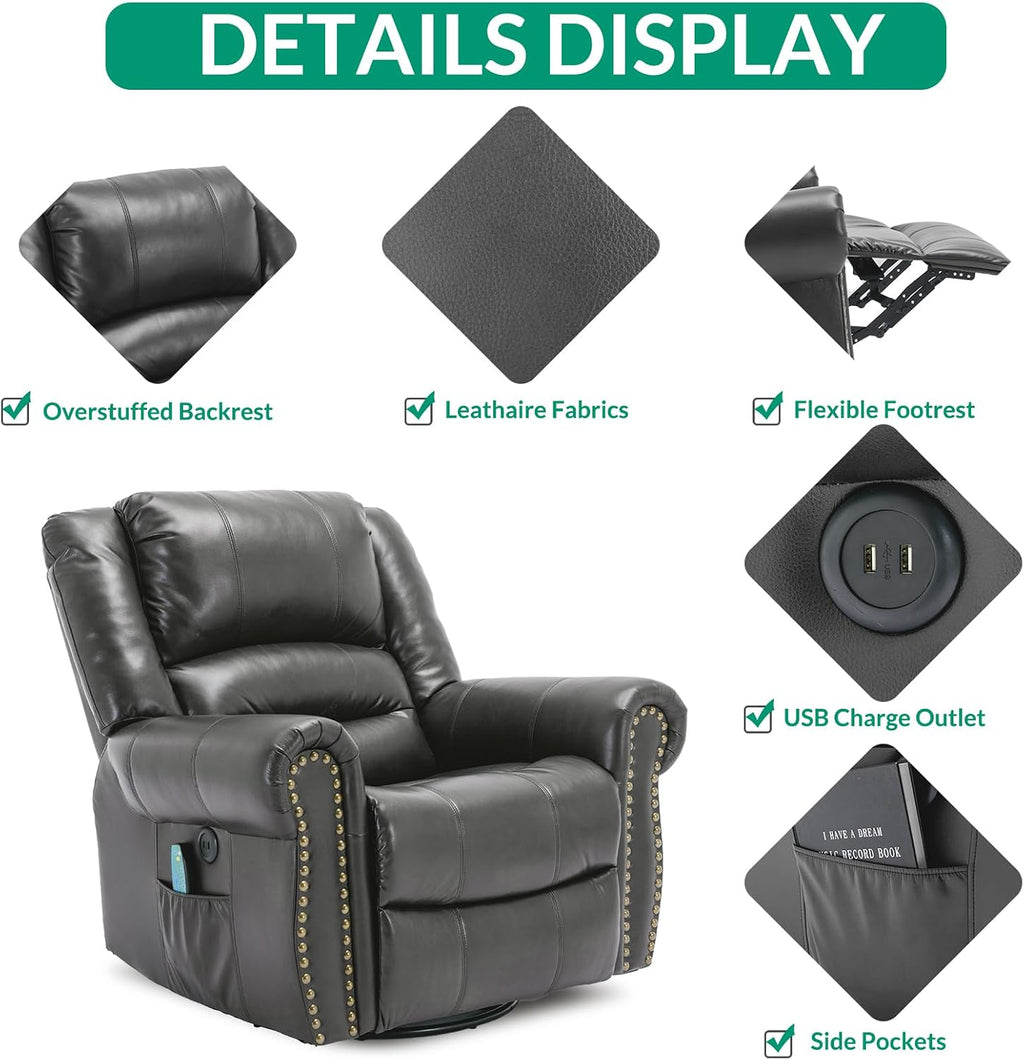 VIVIJASON Massage Swivel Rocker Recliner Chair with Heat & Vibration, 360° Swivel Manual Glider Rocking Reclining Chair with Remote Control, Side Pockets & USB Ports for Living Room, Gray
