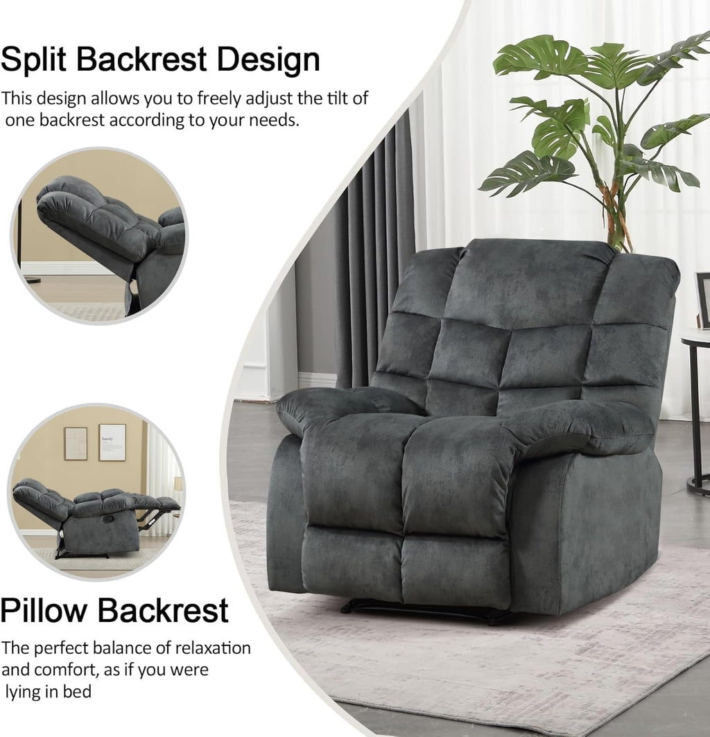 CANMOV Manual Recliner Chair, Single Reclining Sofa with Overstuffed Backrest and Armrest for Living Room, Bedroom Furniture, Grey