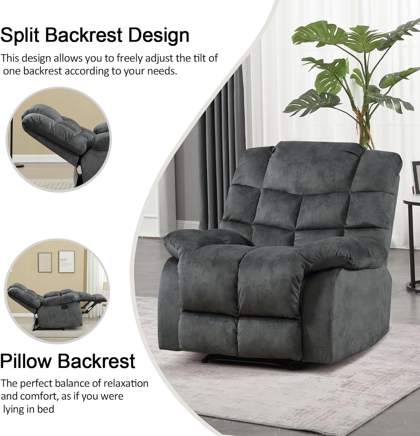 CANMOV Manual Recliner Chair, Single Reclining Sofa with Overstuffed Backrest and Armrest for Living Room, Bedroom Furniture, Grey