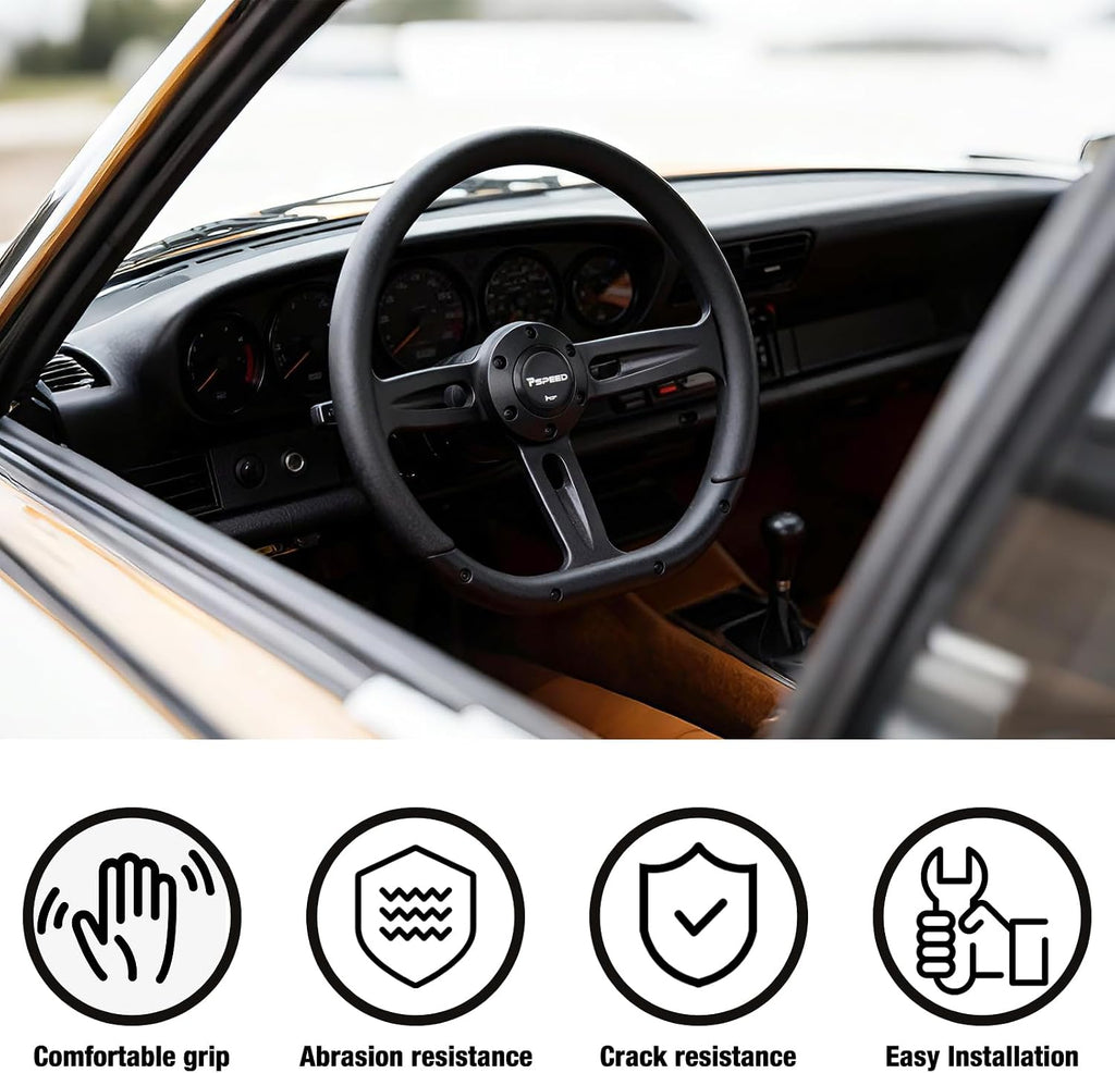 14 inch D-shaped steering wheel,6 Bolt 3 Spokes Deep Dish 50mm with Aluminum Alloy Matte Black Spokes Black Leather Grip for Cars, for Racing Car, Classic Car steering wheel