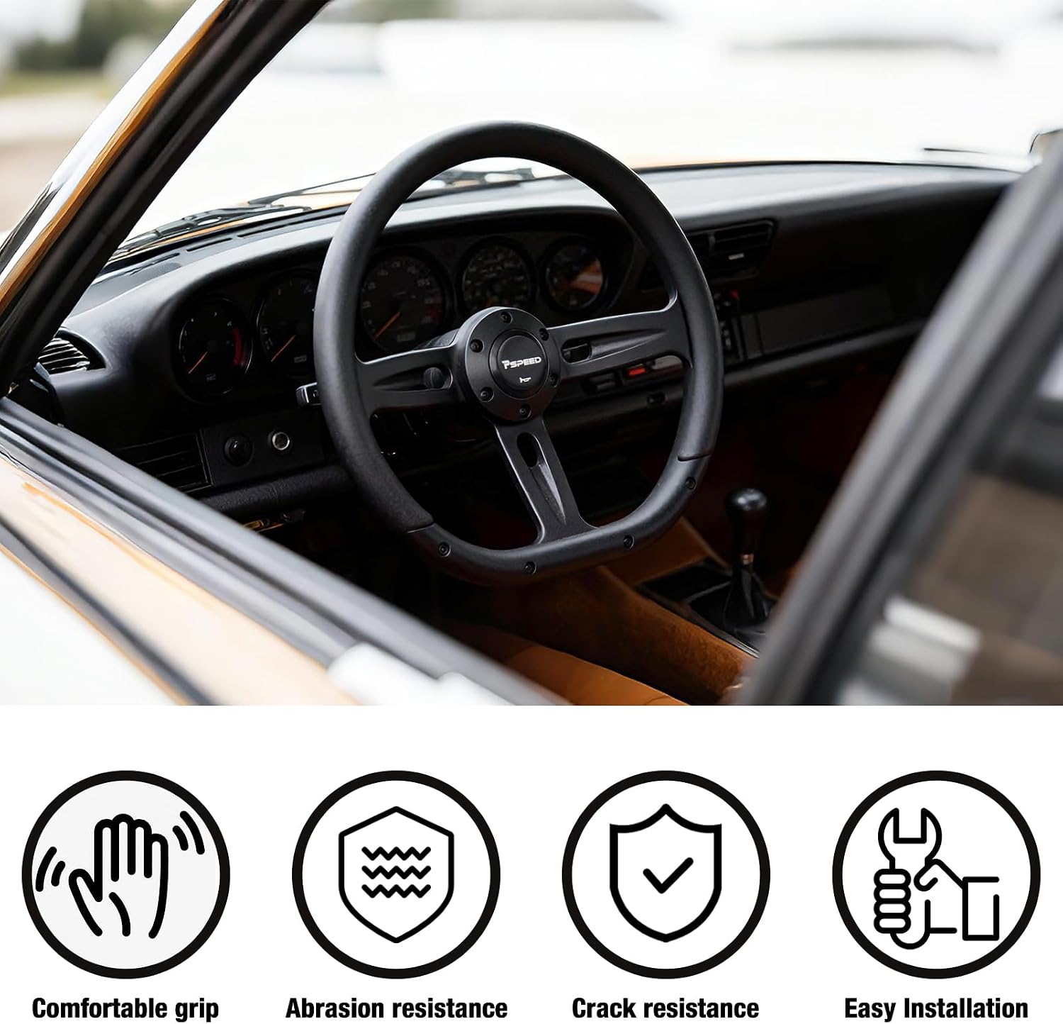 14 inch D-shaped steering wheel,6 Bolt 3 Spokes Deep Dish 50mm with Aluminum Alloy Matte Black Spokes Black Leather Grip for Cars, for Racing Car, Classic Car steering wheel