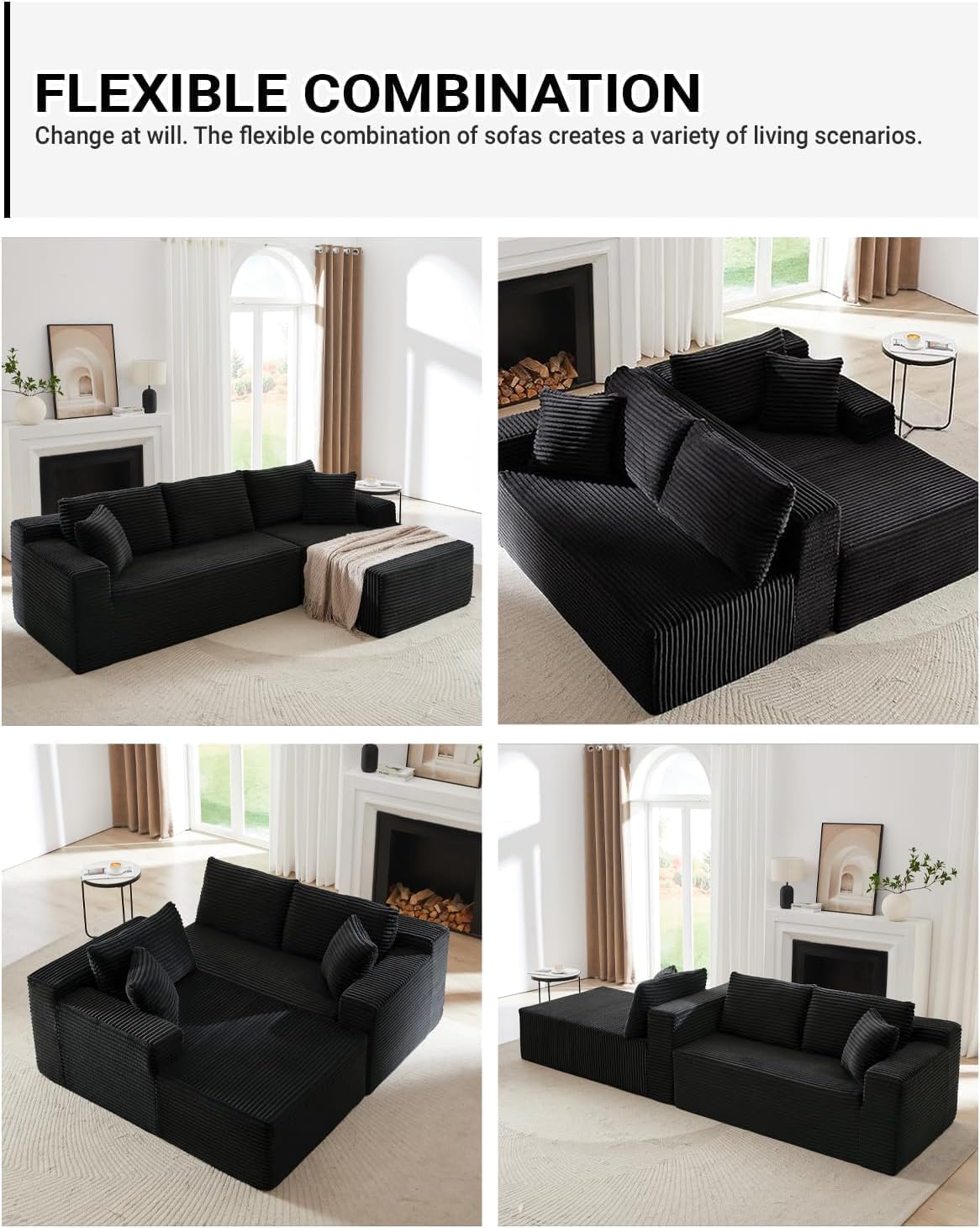 Cloud Couch Sectional, L Shaped Boneless Couch Sectional Couches for Living Room, Modern Comfy Corduroy Fluffy Modular Sofa with Deep Seat, No Assembly (Black, Right Facing Chaise)
