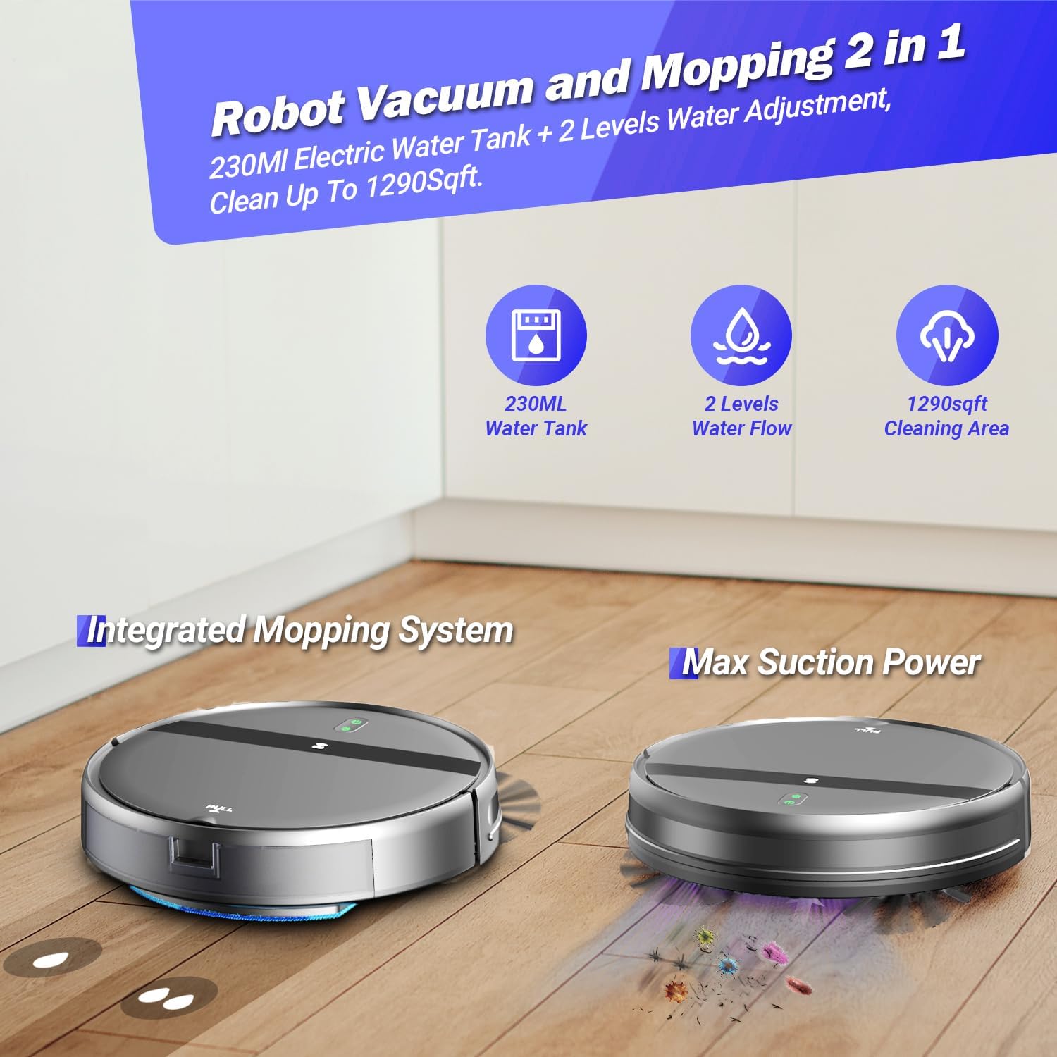 Robot Vacuum Mop Combo, WiFi/App/Alexa, 2-in-1 Robot Vacuum and Mop Combo, Robotic Vacuum Cleaner, Self-Charging, Quiet, Tangle-Free Suction Robot Vacuum Cleaner for Pet Hair/Carpet/Hard Floor