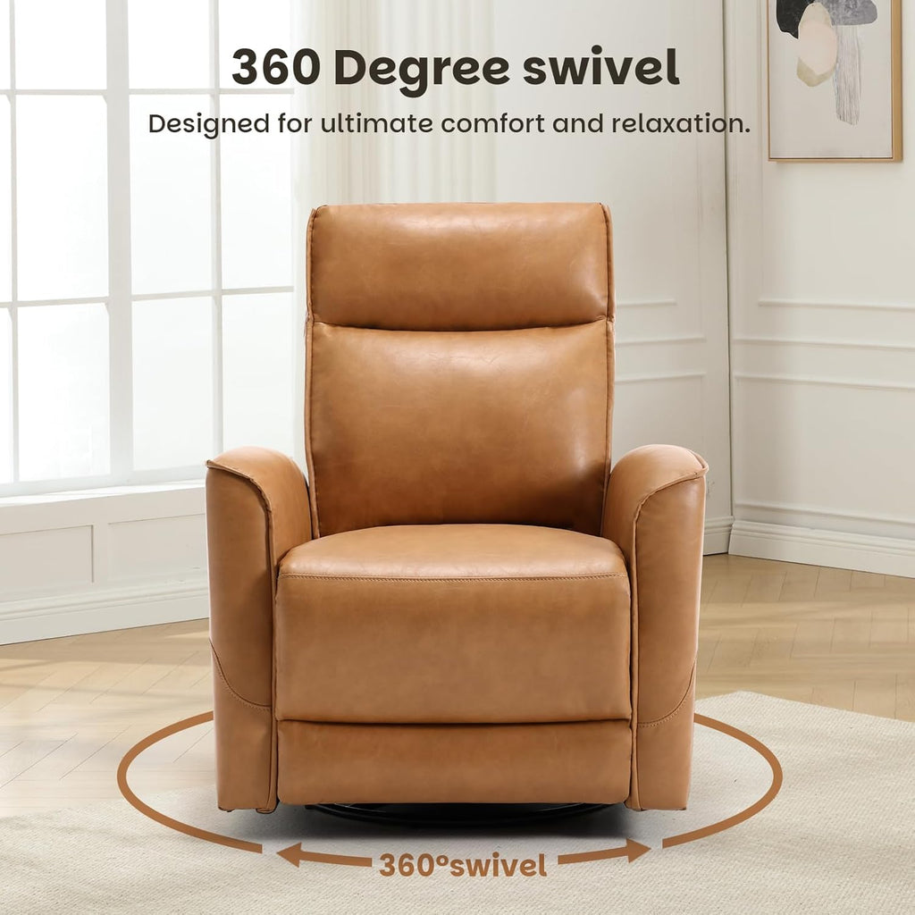 CANMOV Leather Recliner Chair, Swivel Rocker Recliner Chair, 360°Swivel Nursery Glider Recliner, Manual Recliner for Small Spaces,Living Room,Bedroom,Brown