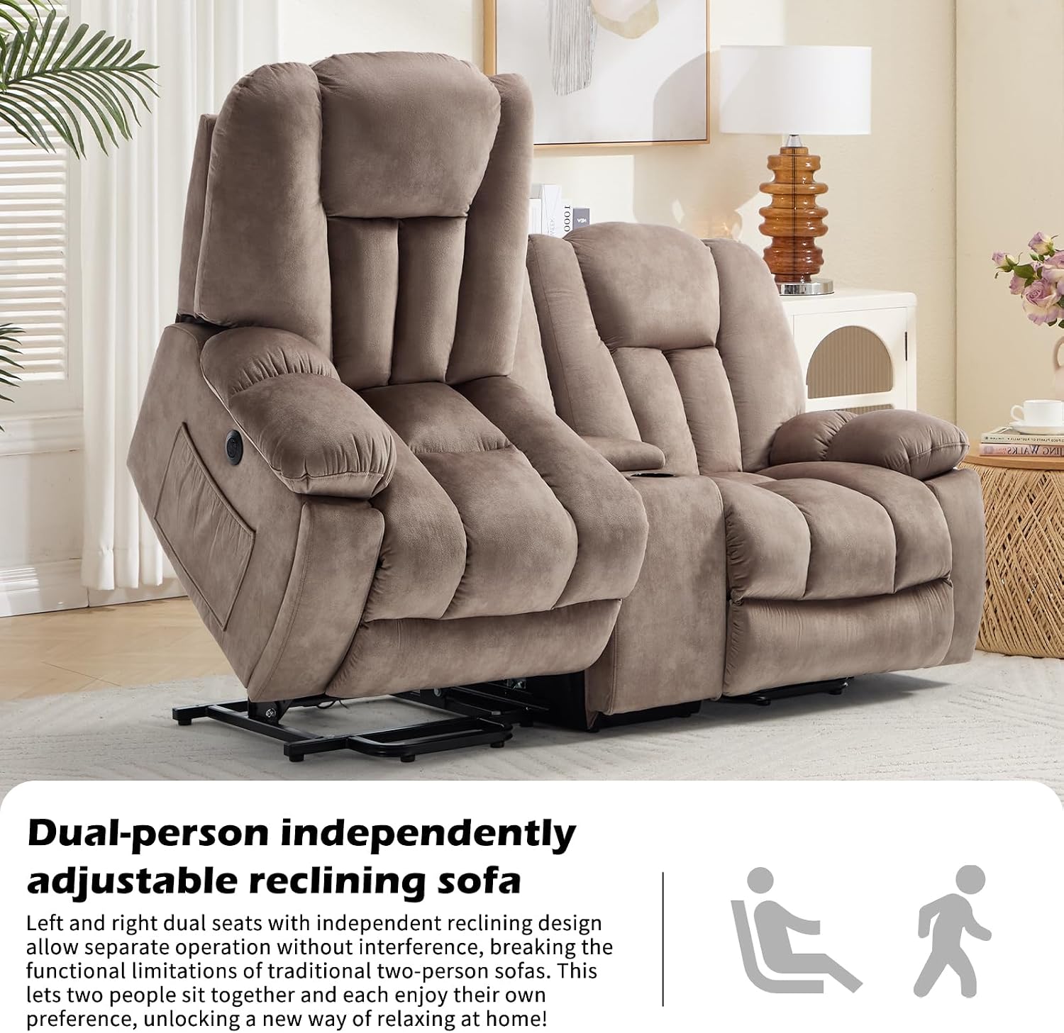 CANMOV Power Loveseat Recliner Sofa for Elderly, Power Lift Recliner Sofa for Living Room, Reclining Loveseat Sofa with Storage Console,Hidden Cup Holders, 2 Seat, Light Brown