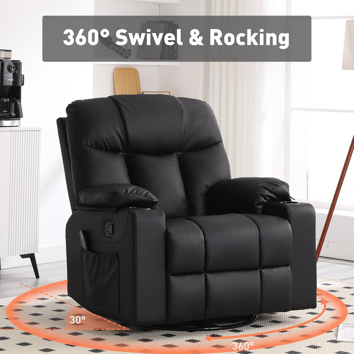 Bonzy Home Oversized Swivel Rocker Recliner, 40' Rocking Recliner Chair with Heated and Massage, PU Leather Single Sofa with Swivel Function, 2 Cup Holders for Living Room Bedroom, Black