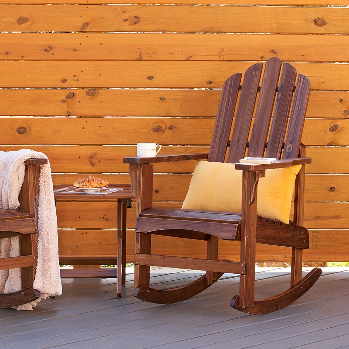 Shine Company Marina Adirondack Porch Rocker, Indoor Outdoor Wood Rocking Chair, Oak