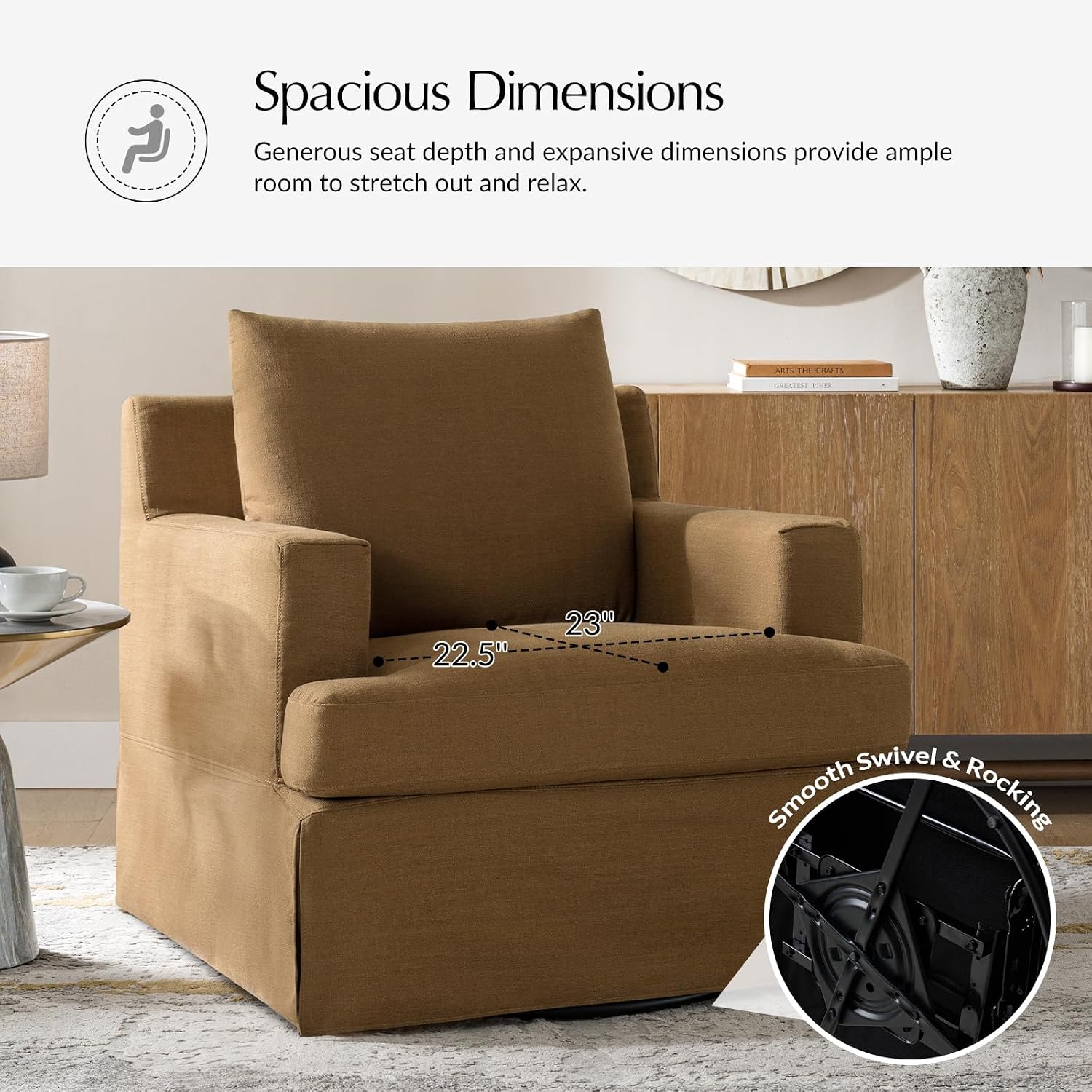 HULALA HOME Swivel Rocker Chair with Solid Wood Frame, Farmhouse Swivel Rocking Accent Chair with Washable Slipcover, Upholstered Barrel Armchair Down Blend Back and Seat Cushions, Golden