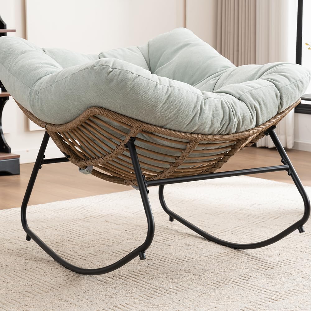 Outdoor Papasan Chair, Oversized Rocking Chair with Cushion and Metal Frame, Patio Lounge Rocking Chair for Balcony Backyard Porch Bedroom Living Room (Light Blue)