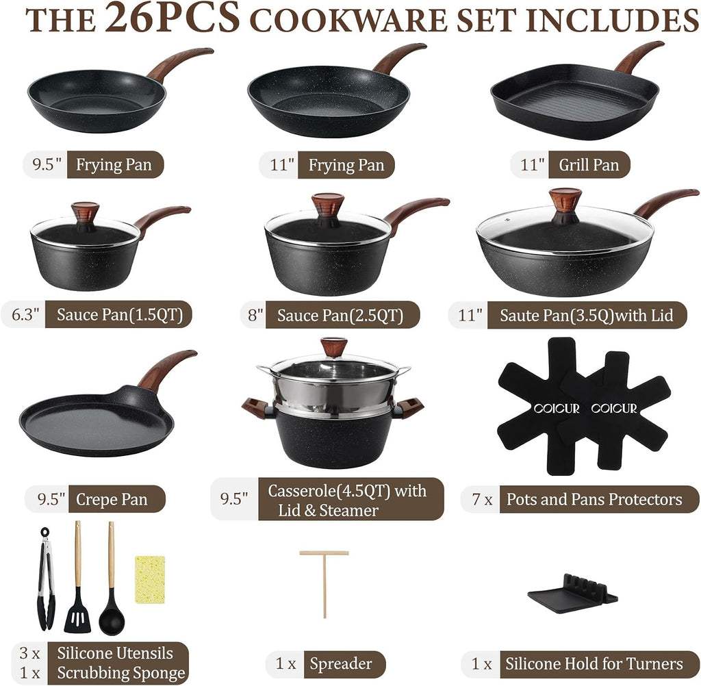 26Pcs Pots and Pans Nonstick Ceramic Cookware Set Nontoxic Kitchen Cooking Set with Steamers Utensils Induction Compatible, PFAS/PFOA Free, Oven and Dishwasher Safe, Black