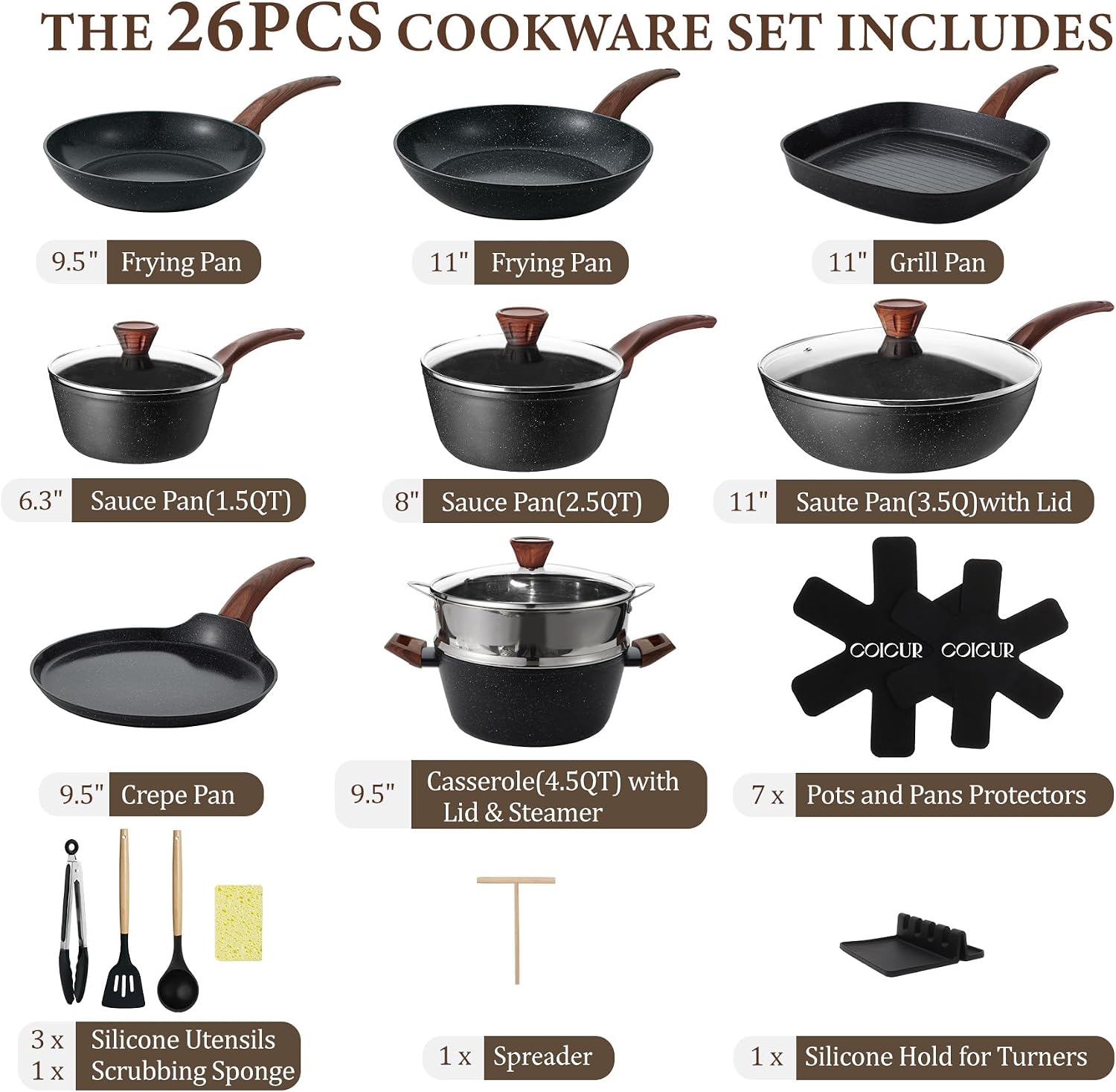 26Pcs Pots and Pans Nonstick Ceramic Cookware Set Nontoxic Kitchen Cooking Set with Steamers Utensils Induction Compatible, PFAS/PFOA Free, Oven and Dishwasher Safe, Black