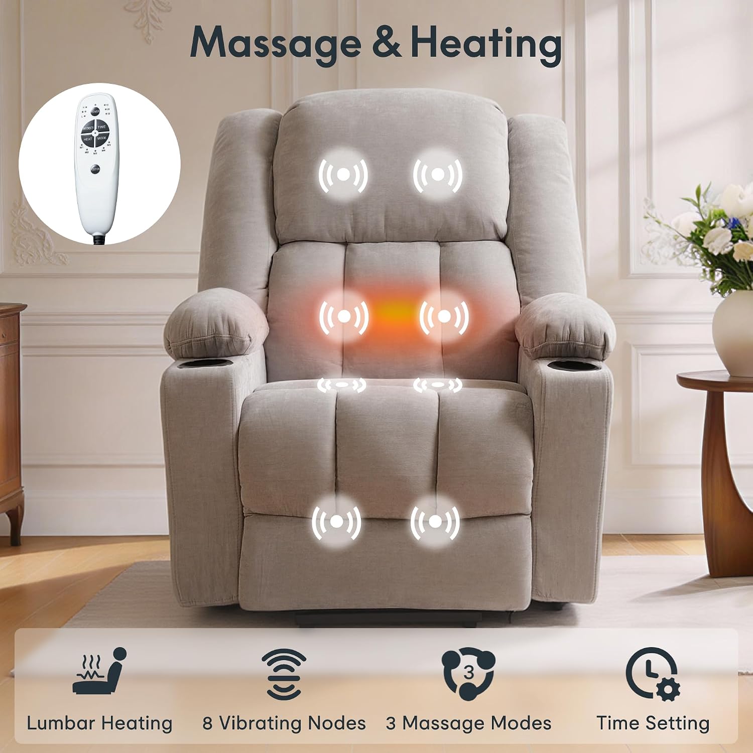 FLEXISPOT XL31 Power Lift Recliner Chair for Elderly, Electric Lift Chair with Massage & Heat, Fabric Reclining Sofa w/USB & Type-C Charging for Living Room Bedroom(Medium Size, Silver-Gray)