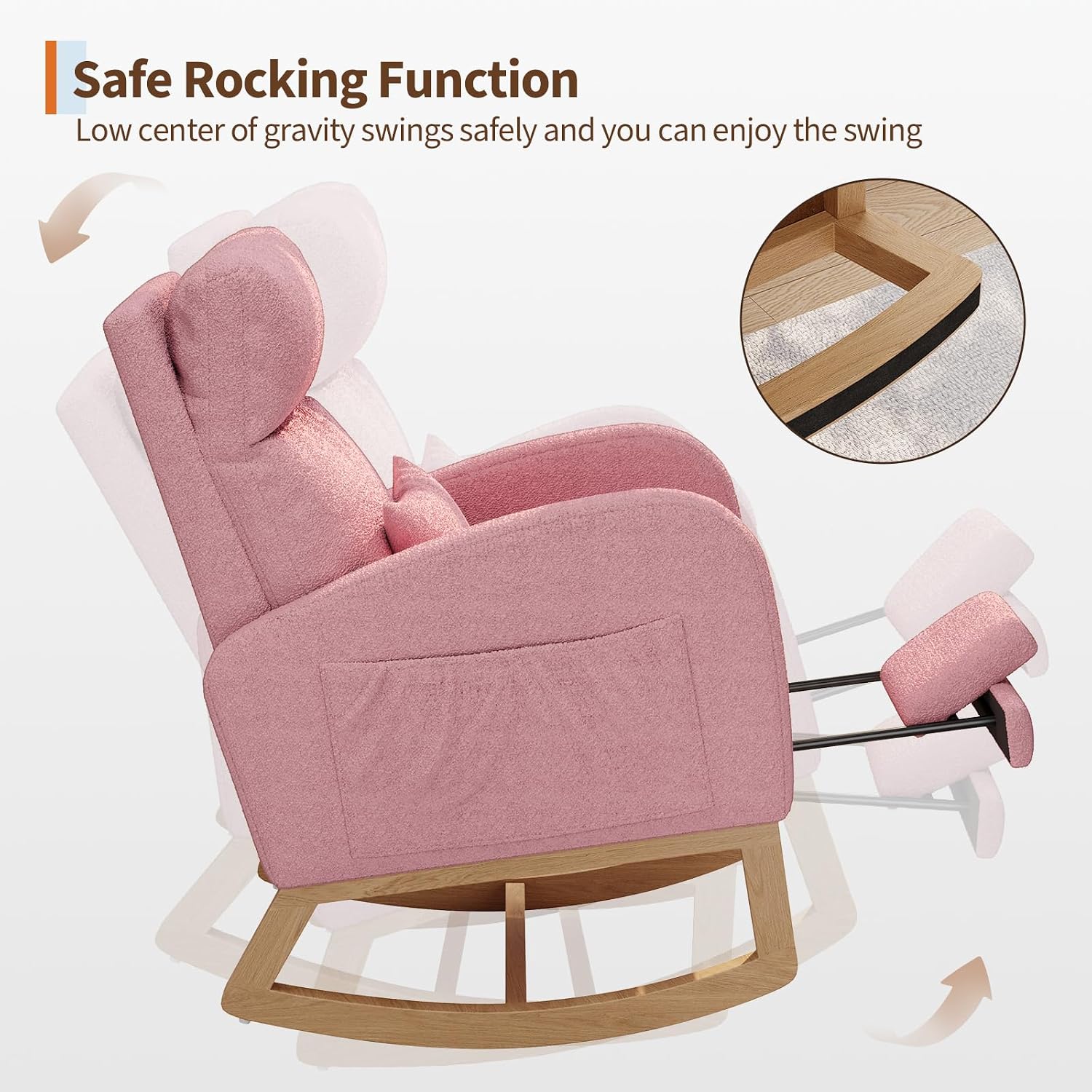 GarveeHome Rocking Chair, Modern Nursery Glider Chair with Side Pockets and Pillow, Rocker Chair for Living Room Bedroom Nursing Room, Pink