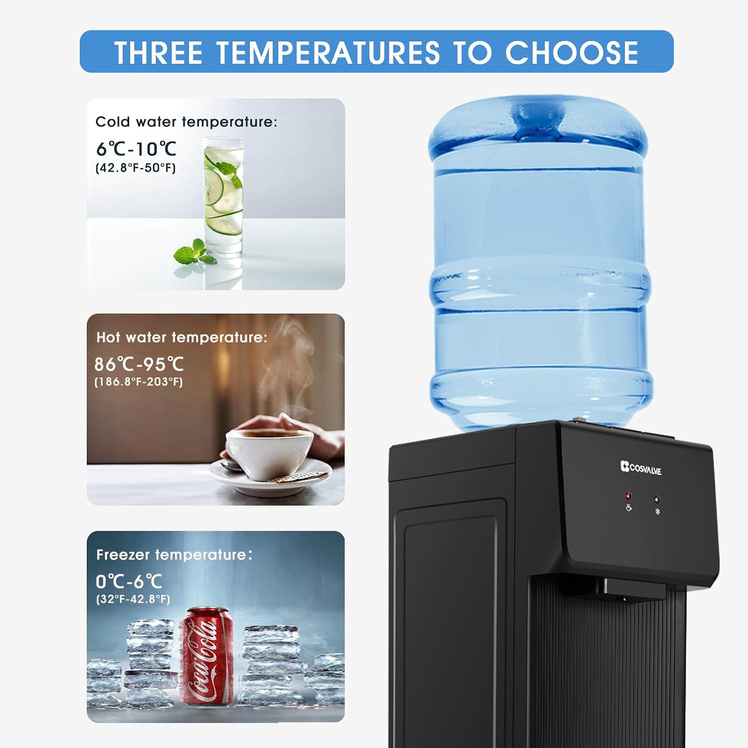 COSVALVE Water Cooler Dispenser, 5 Gallon Top Loading Hot/Cold Water Cooler w/Freezer Cabinet, Compression Refrigeration w/Child Safety Lock for Home Office, Apartment, Dorm