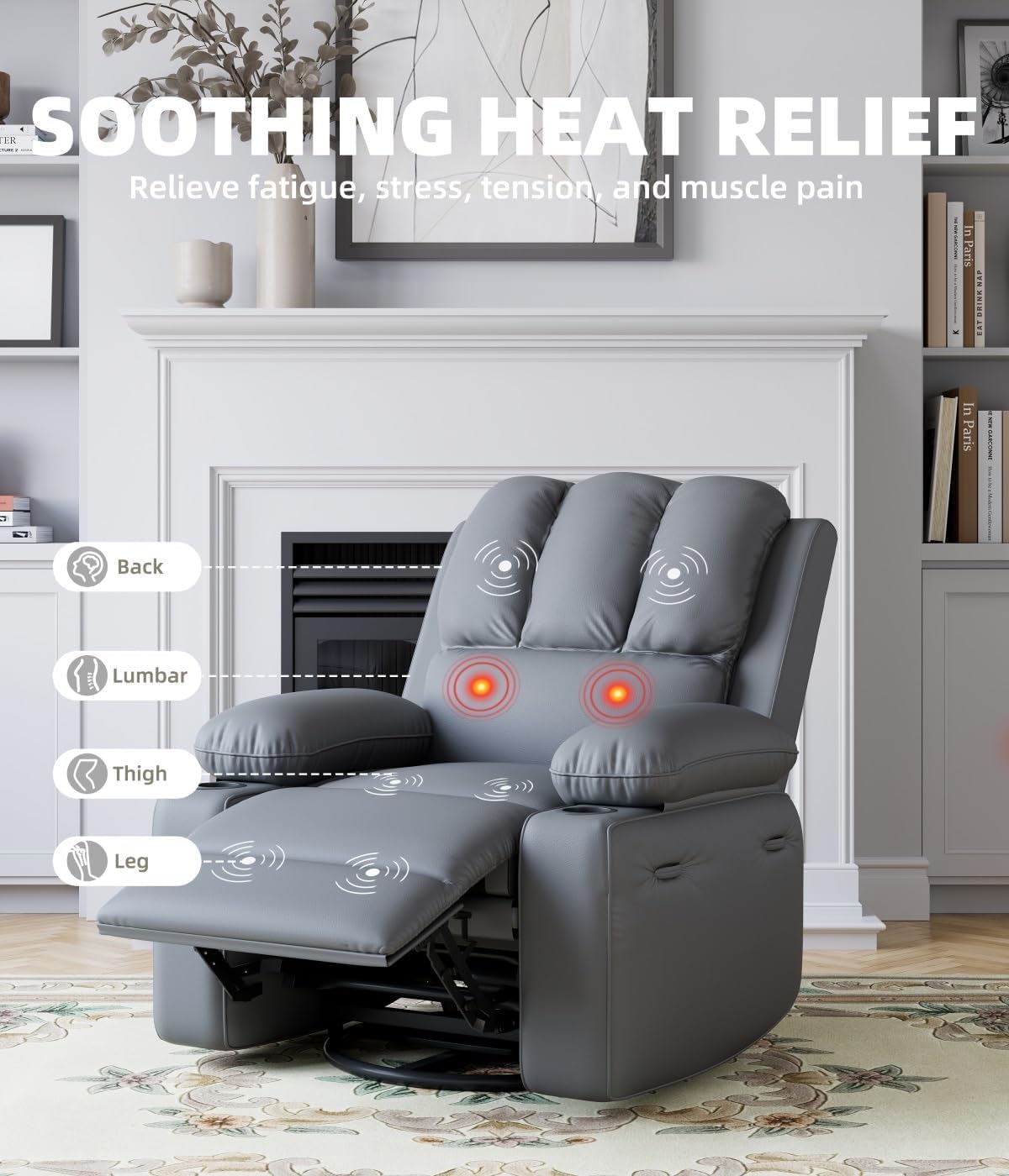 GarveeHome Recliner Chair, 360° Swivel Rocker Recliners with Heat & Massage, Soft Lazy Boy Recliner Chair with 2 Cup Holders and Side Pocket for Living Room Bedrooms and Nurseries -Grey