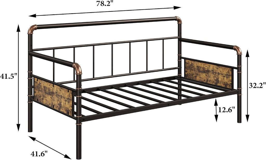 IDEALHOUSE Twin Daybed with Classic Headboard,Metal Twin Bed Frame Heavy Duty Steel Slats Support,Sofa BedFrame for Living Room, Guest RoomNoise Free, No Box Spring Needed, Brown