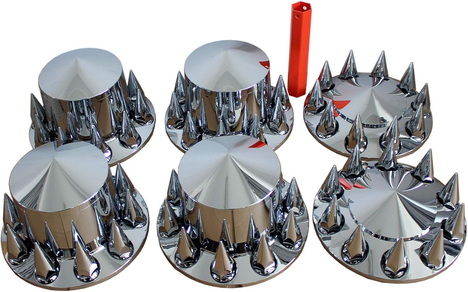 MRJLK Chrome ABS Complete Axle Cover Set with Hub Caps and 33mm Screw-On Spiked Lug Nut Covers for Semi Trucks (2 Front and 4 Rear)