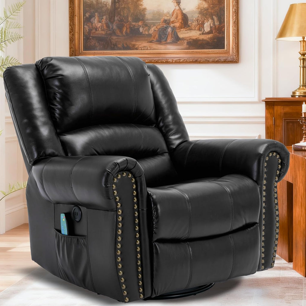 Manual Massage Swivel Rocker Recliner with Heat and Vibration, 360° Swivel Glider Rocking Recliner Chair, Classic Living Room Lounge Recliners with Side Pockets & USB Ports, Black