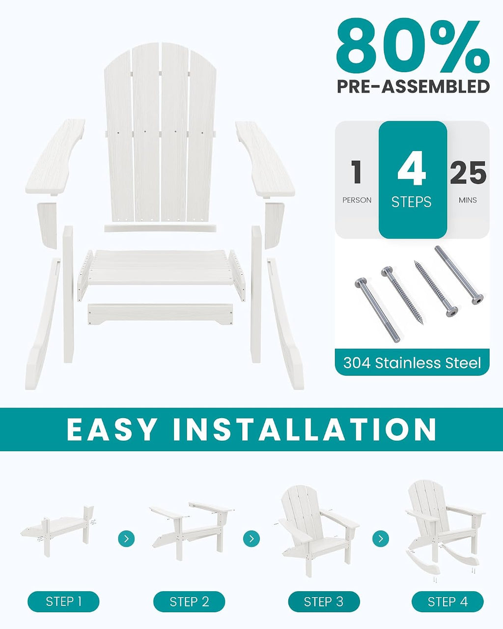 SERWALL Outdoor Adirondack Rocking Chair, All-Weather HDPE Adirondack Rocker Chair, Front Porch Rocker Chairs for Patio Lawn Porch Deck, White