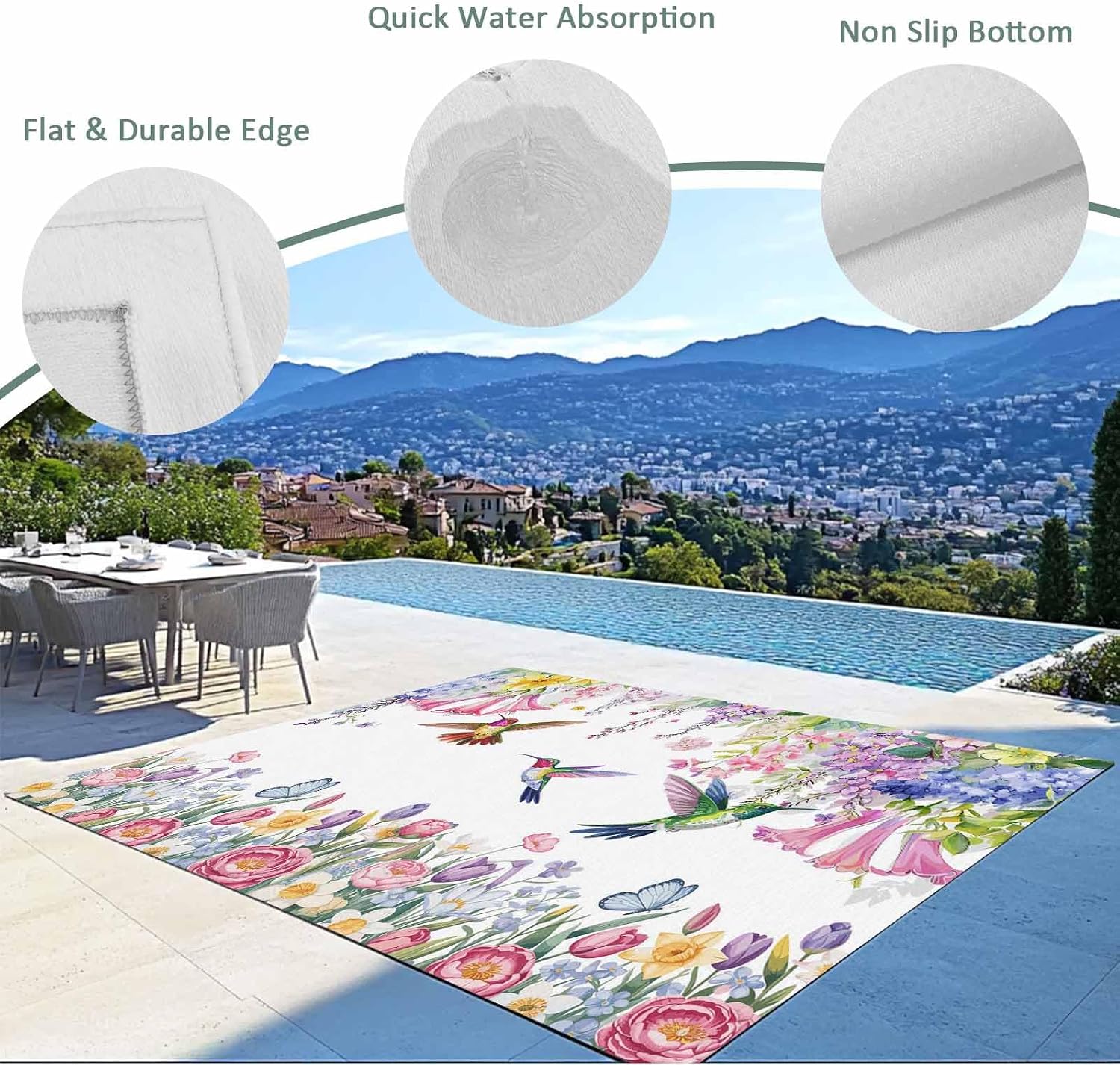 Watercolor Flowers Outdoor Rug for Patio/Deck/Porch, Non-Slip Large Area Rug 4 x 6 Ft, Spring Hummingbird Butterflly Floral Indoor Outdoor Rugs Washable Area Rugs, Reversible Camping Rug Carpet Runner