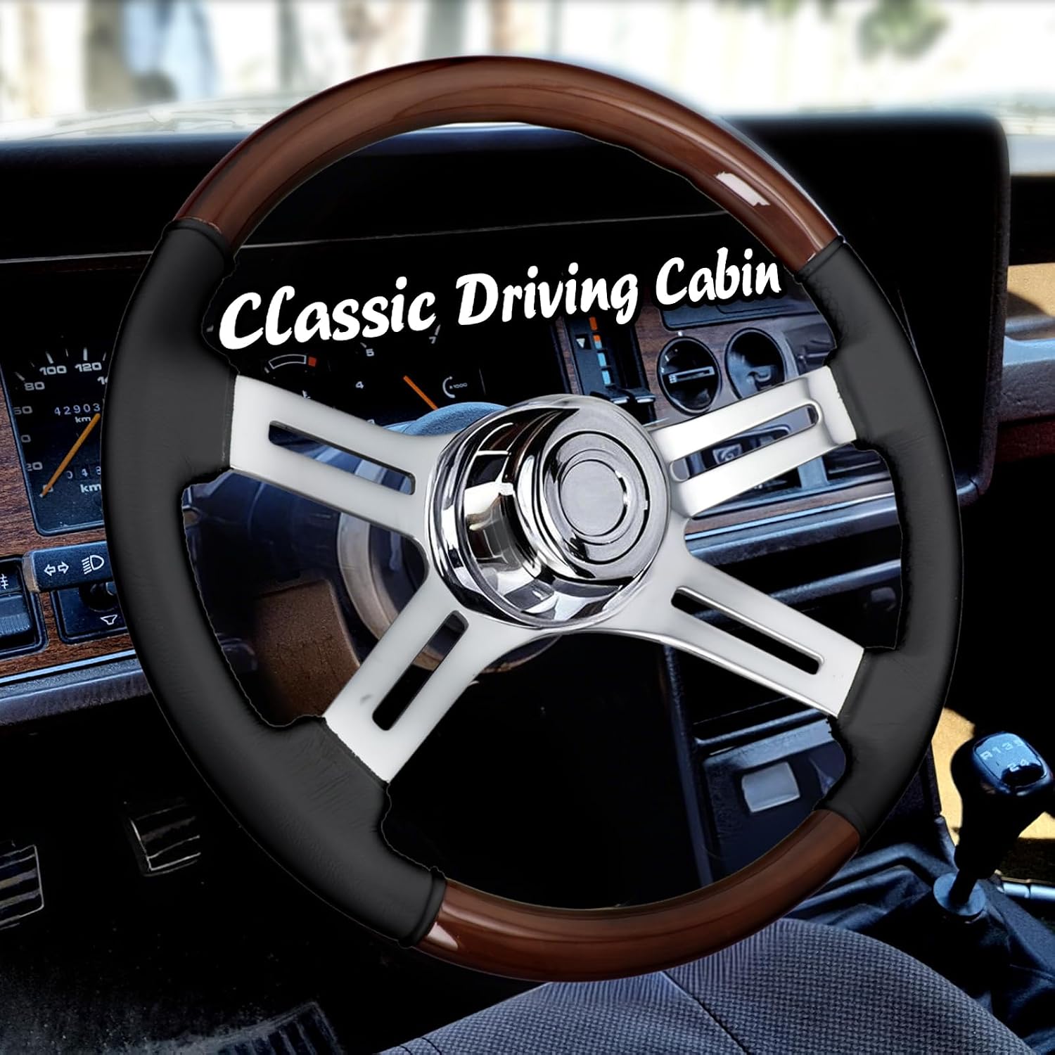 Sorghum 18' Solid Wood Steering Wheel - 4 Spokes Aluminum Chrome Leather Cover Steering Wheel with Horn Button for Semi-Trailers Trucks Compatible with Mack Kenworth Peterbilt Volvo Freightliner