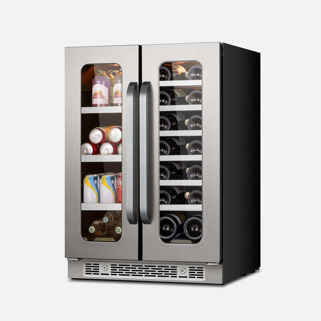 24 Inch Beverage And Wine Refrigerator Under Counter Dual Zone French Door Wine Fridge For Beer Drink Home Bar 20 Bottles 80 Cans