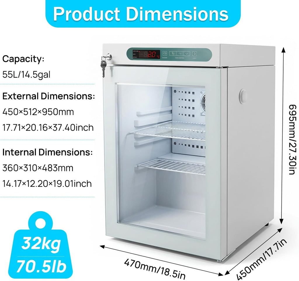 Lab Refrigerator, 2-8℃, 55L/1.9Cu.Ft, LED Lighting Pharmacy Fridge, Small Medical Refrigerator, Digital Thermostat, Designed for Pharmacy, Medicine, Vaccine Storage