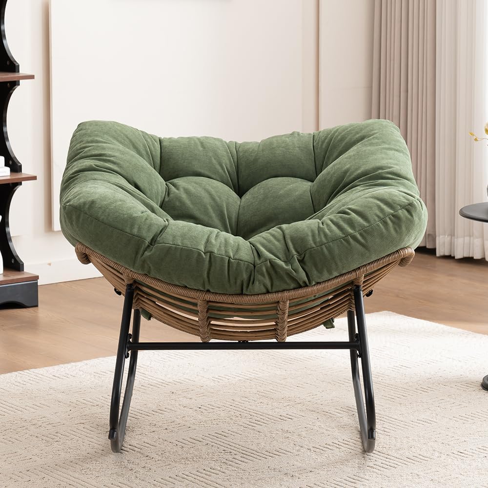 Outdoor Papasan Chair, Oversized Rocking Chair with Cushion and Metal Frame, Patio Lounge Rocking Chair for Balcony Backyard Porch Bedroom Living Room (Green)