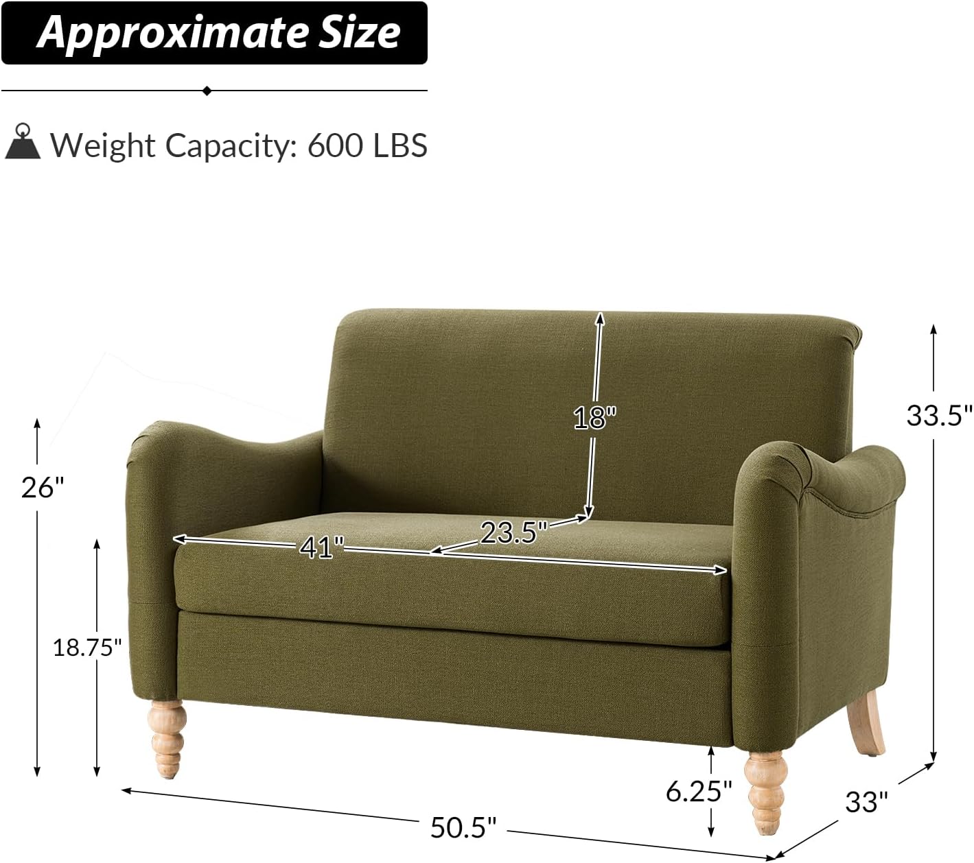 HULALA HOME 50.5' Loveseat Sofa with Stripe Pattern, 2 Seater Farmhouse Sofa with Rolled Wide Armrests and Rubber Wood Legs, Comfy Upholstered Small Couch for Living Room Bedroom, Moss